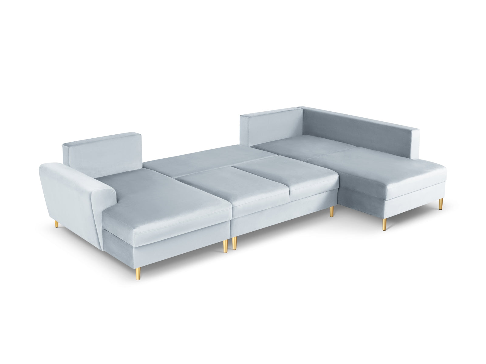 Elegantes Kyoto Velour Panoramic Ecksofa rechts in sanftem Hellblau, 7 Sitzer mit praktischem Stauraum und komfortabler Schlaffunktion.