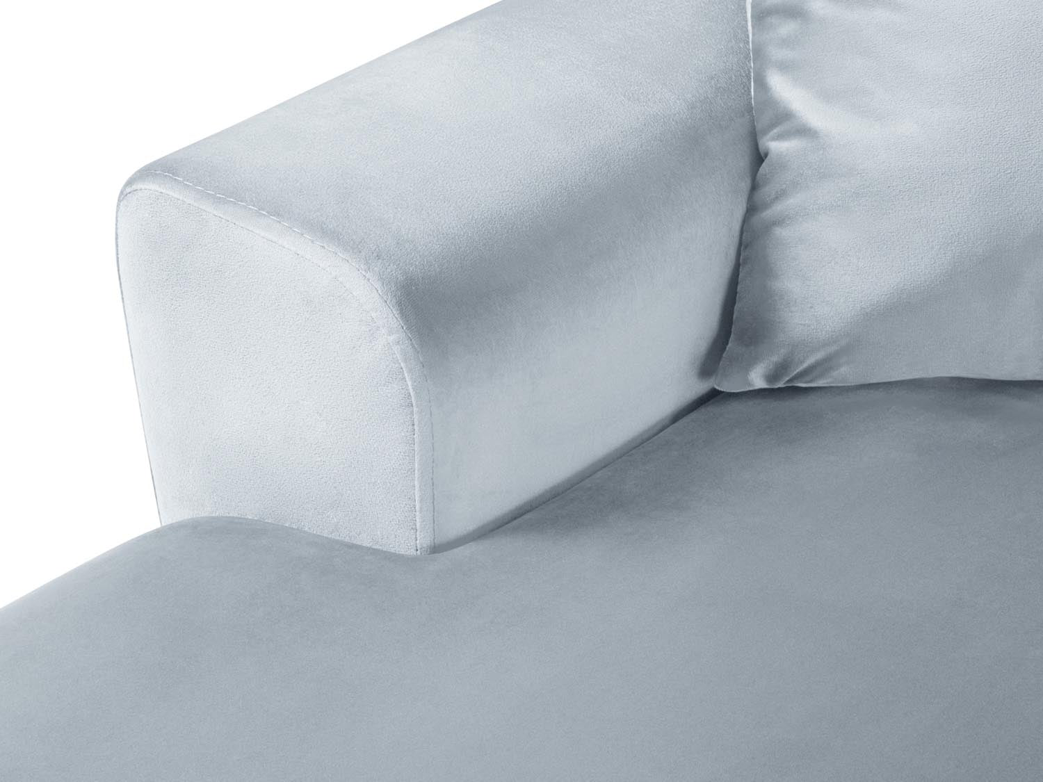 Stylisches Kyoto Velour Panoramic Ecksofa rechts in zartem Hellblau, 7 Sitzer mit cleverem Stauraum und gemütlicher Schlaffunktion.