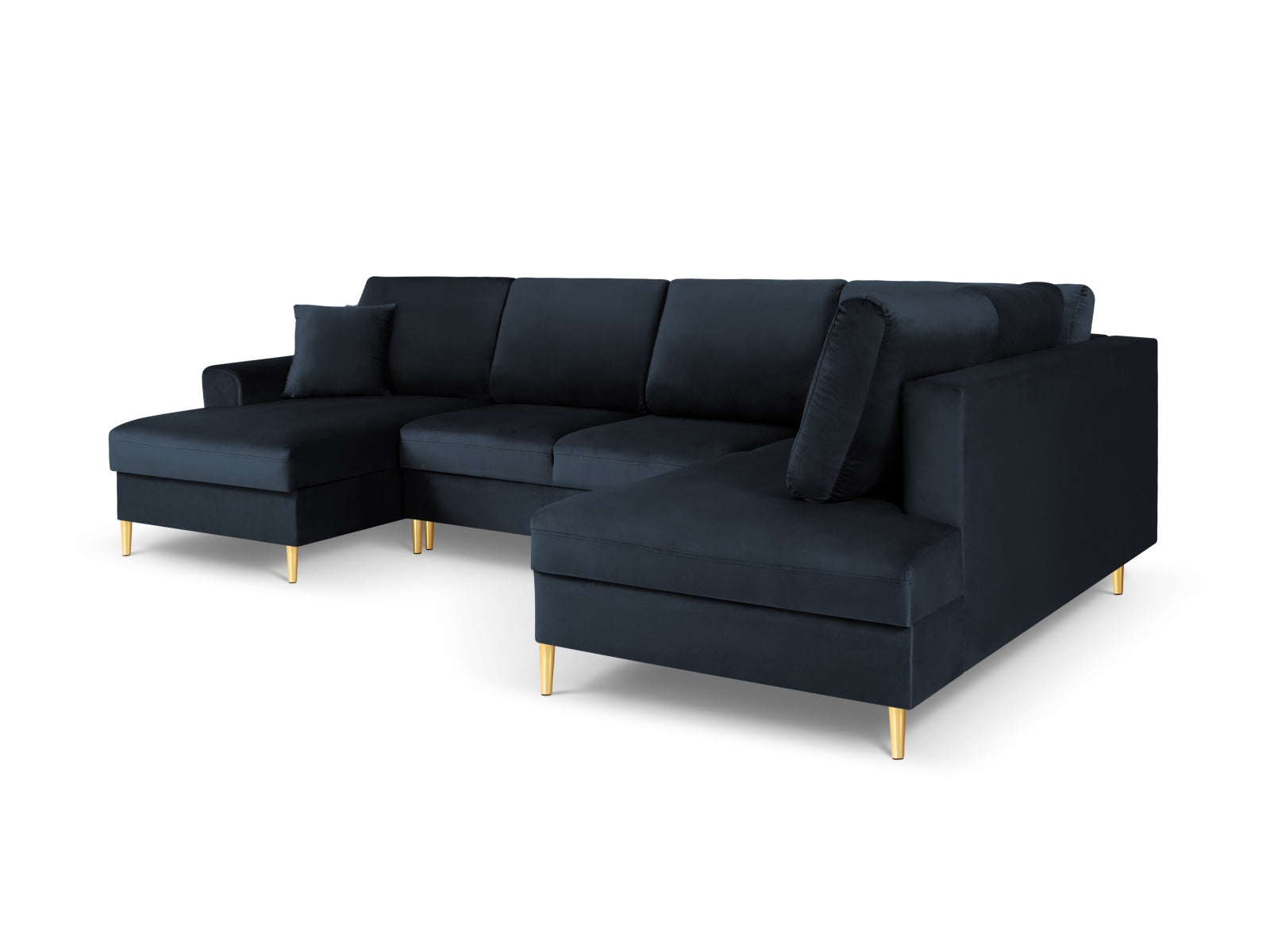 Modernes Kyoto Velour Panoramic Ecksofa rechts in tiefem Blau, 7-Sitzer mit praktischem Stauraum und komfortabler Schlaffunktion für vielseitige Nutzung.