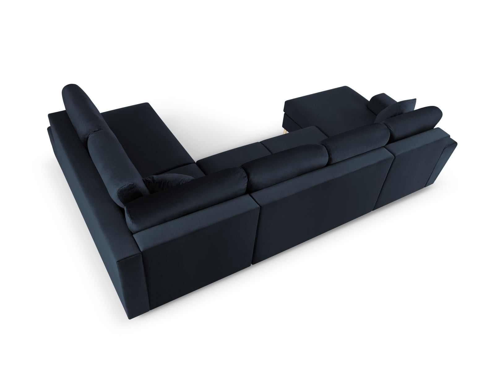 Elegantes Kyoto Velour Panoramic Ecksofa rechts in stilvollem Blau, 7-Sitzer mit cleverem Stauraum und bequemer Schlaffunktion für jeden Raum.