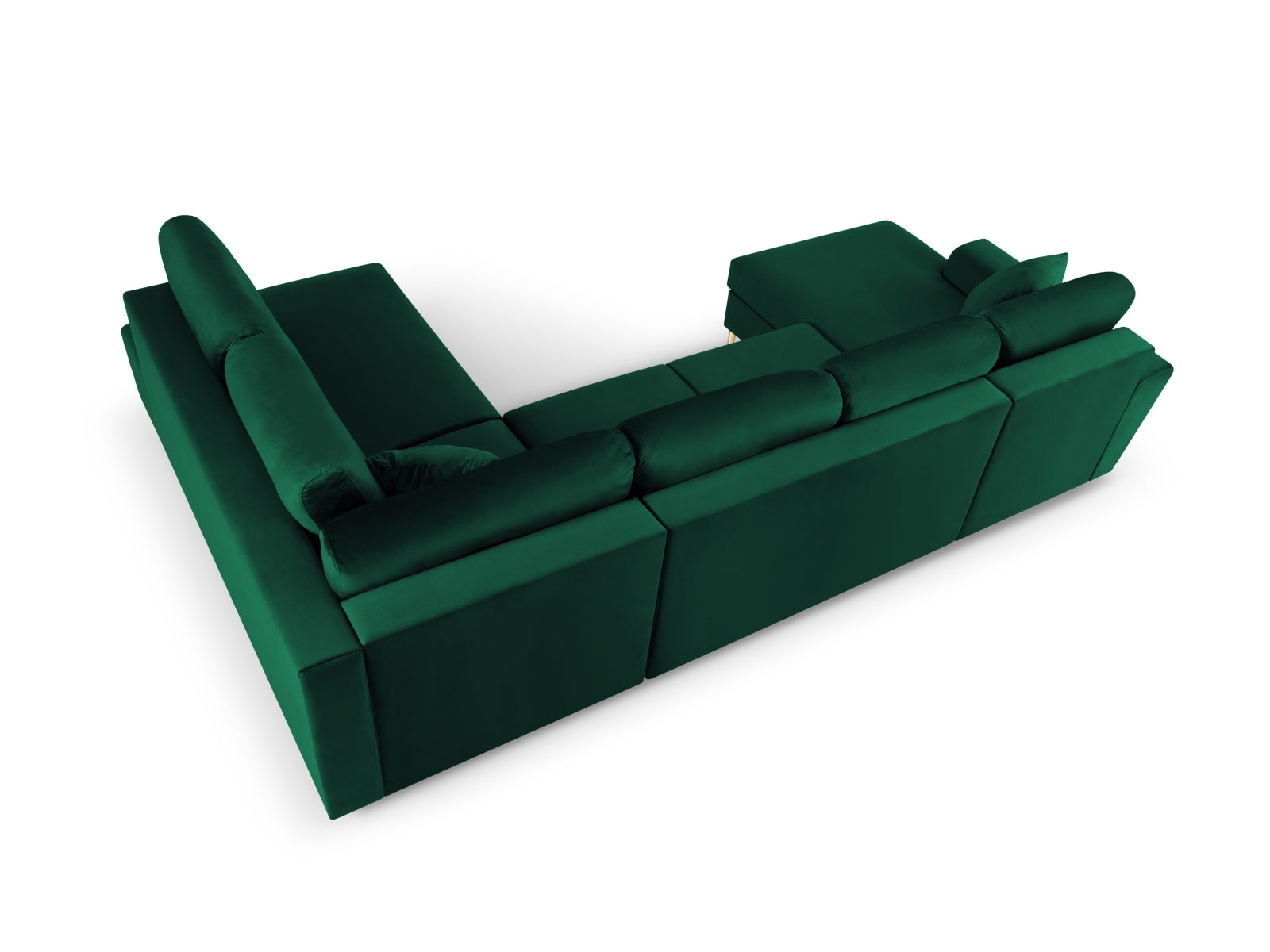Elegantes Kyoto Velour Panoramic Ecksofa in tiefem Flaschengrün, 7 Sitzer mit cleverem Stauraum und gemütlicher Schlaffunktion.