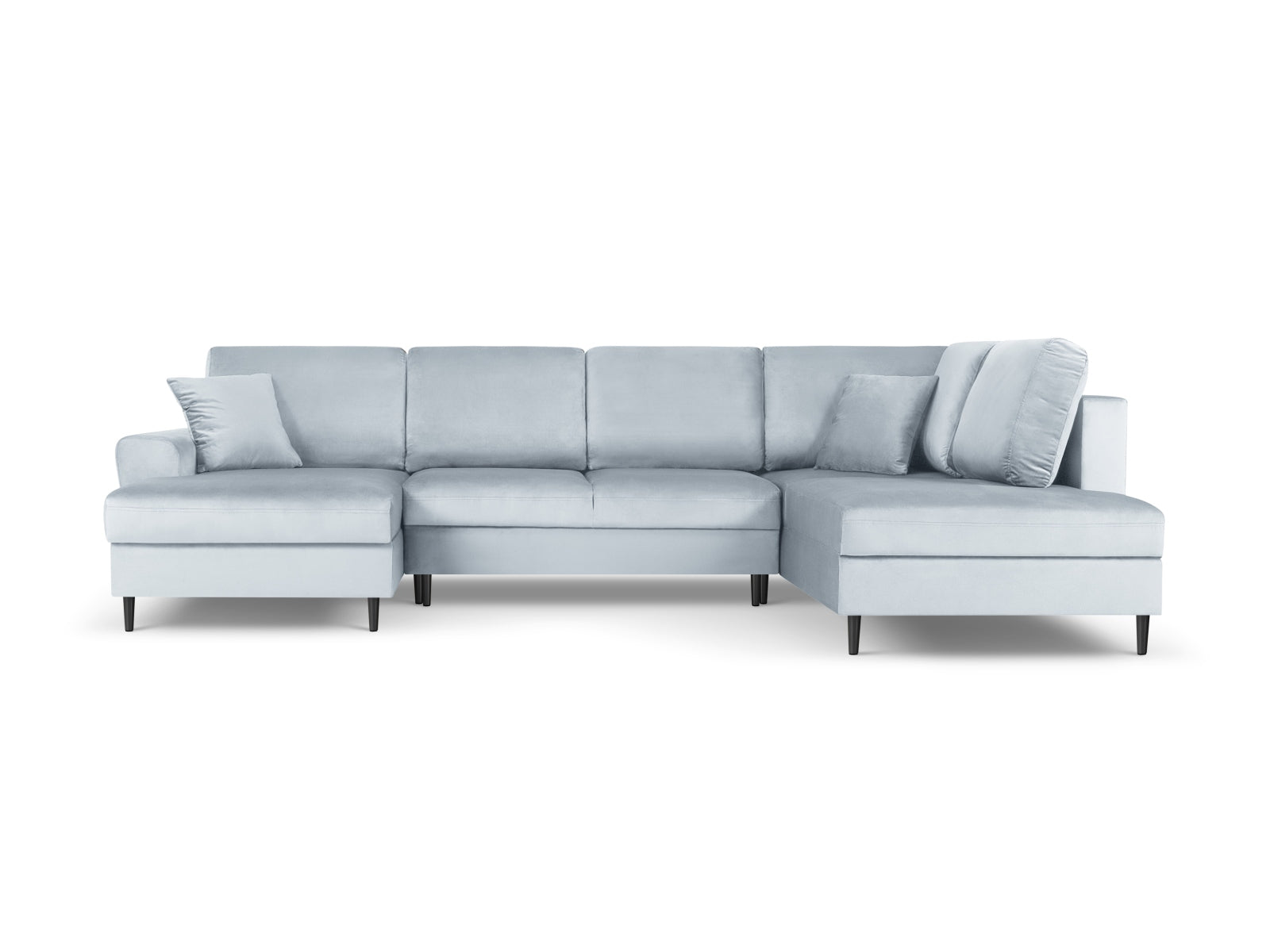 Stylisches Kyoto Velour Panoramic Ecksofa rechts in zartem Hellblau, 7 Sitzer mit cleverem Stauraum und gemütlicher Schlaffunktion.