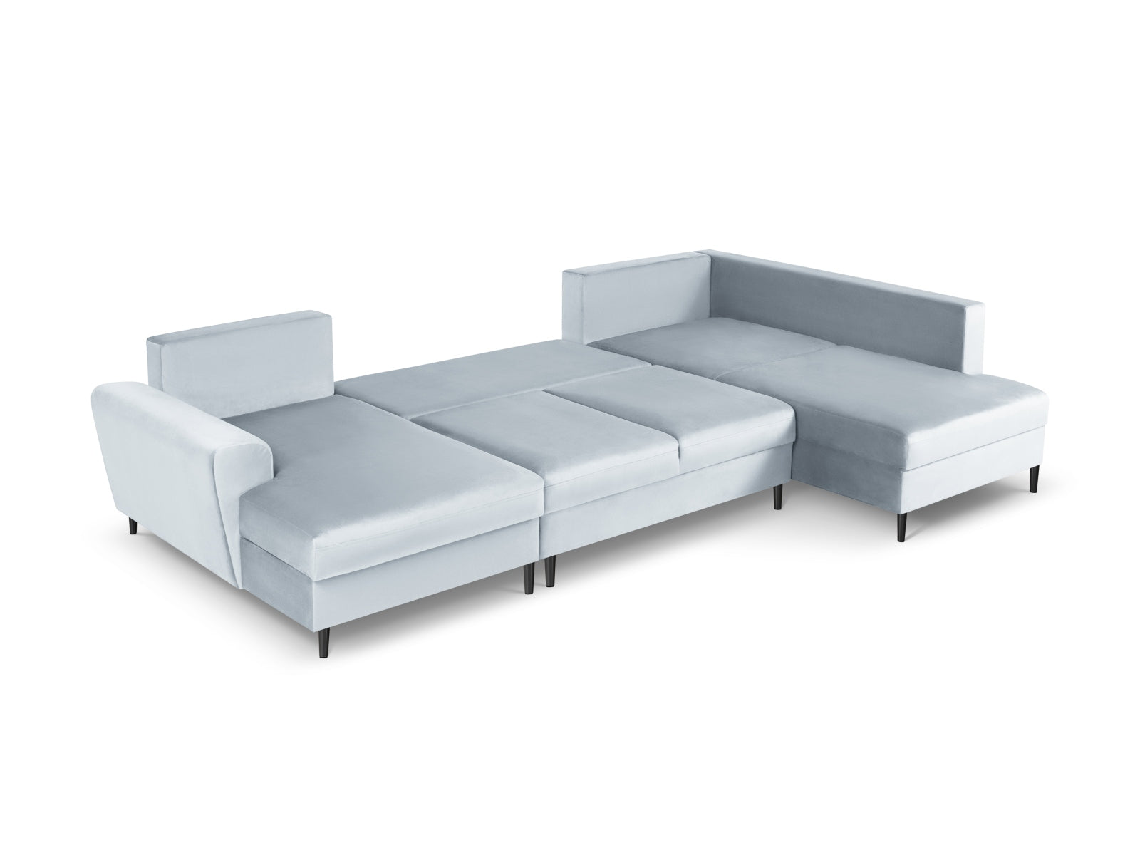 Elegantes Kyoto Velour Panoramic Ecksofa rechts in sanftem Hellblau, 7 Sitzer mit praktischem Stauraum und komfortabler Schlaffunktion.