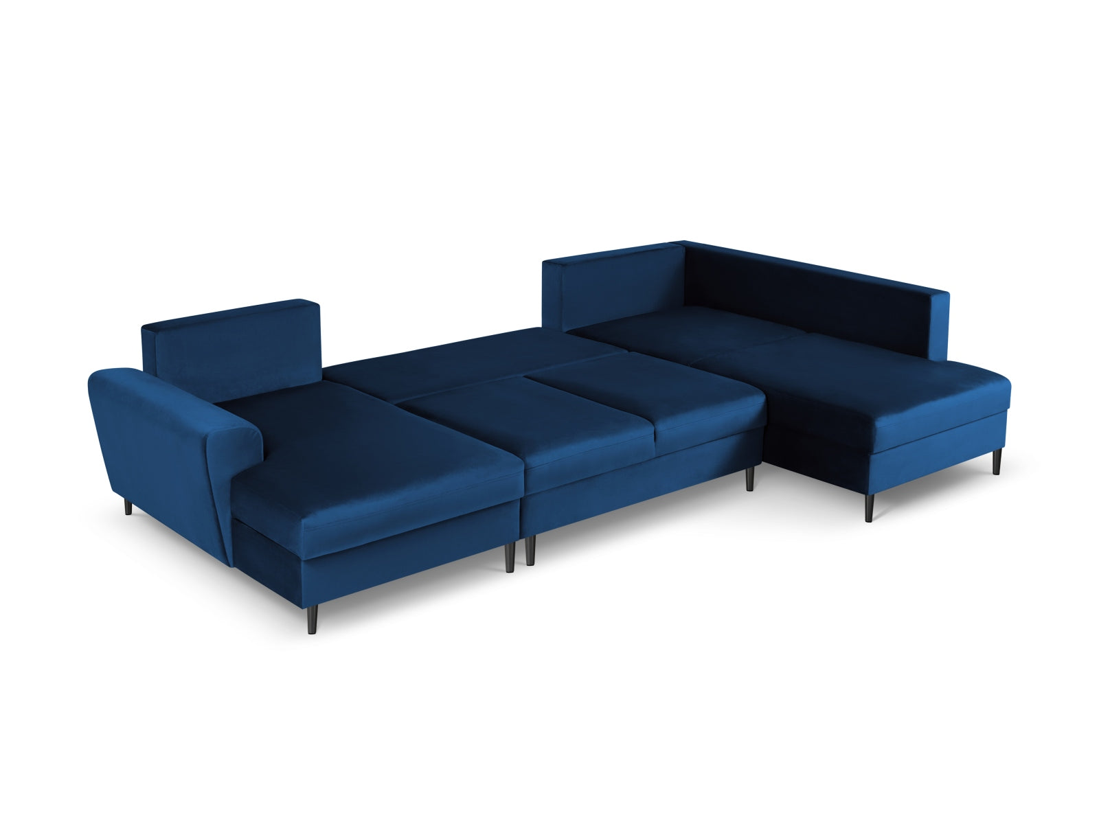 Stylisches Kyoto Velour Panoramic Ecksofa rechts in Royal Blue, 7 Sitzer, ideal für Wohnräume mit Stauraum und Schlaffunktion.