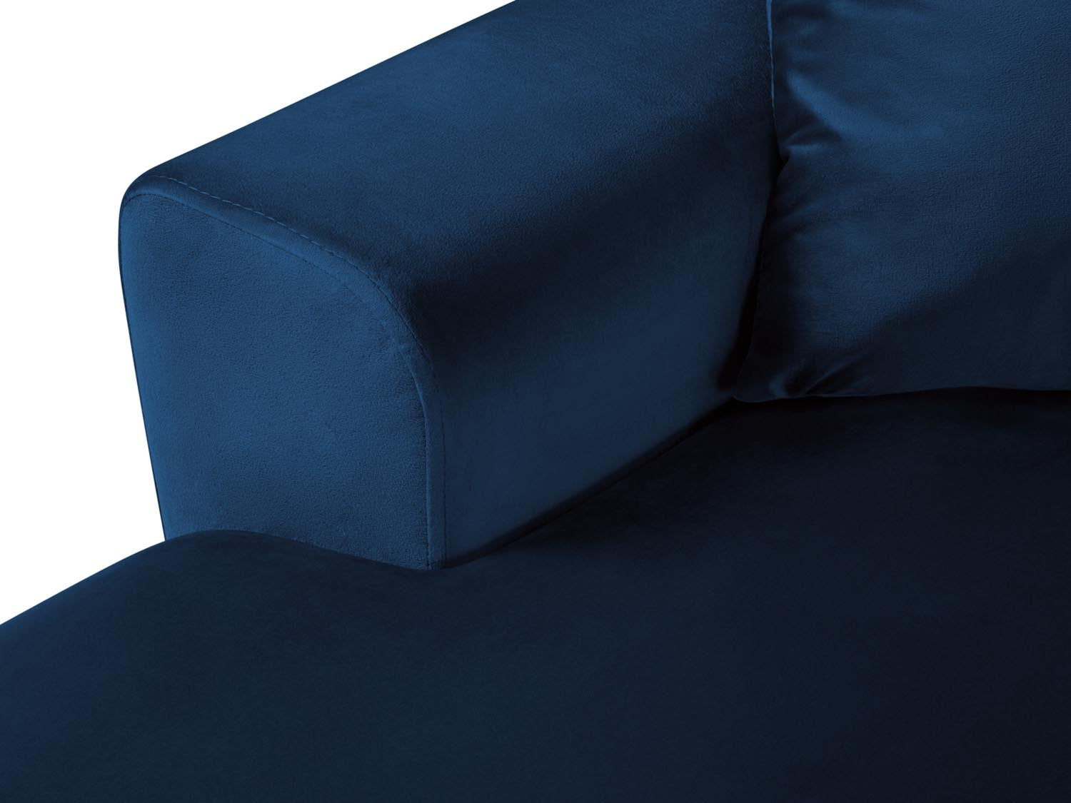 Elegantes Kyoto Velour Panoramic Ecksofa rechts in Royal Blue, 7 Sitzer, bietet praktischen Stauraum und eine komfortable Schlaffunktion.