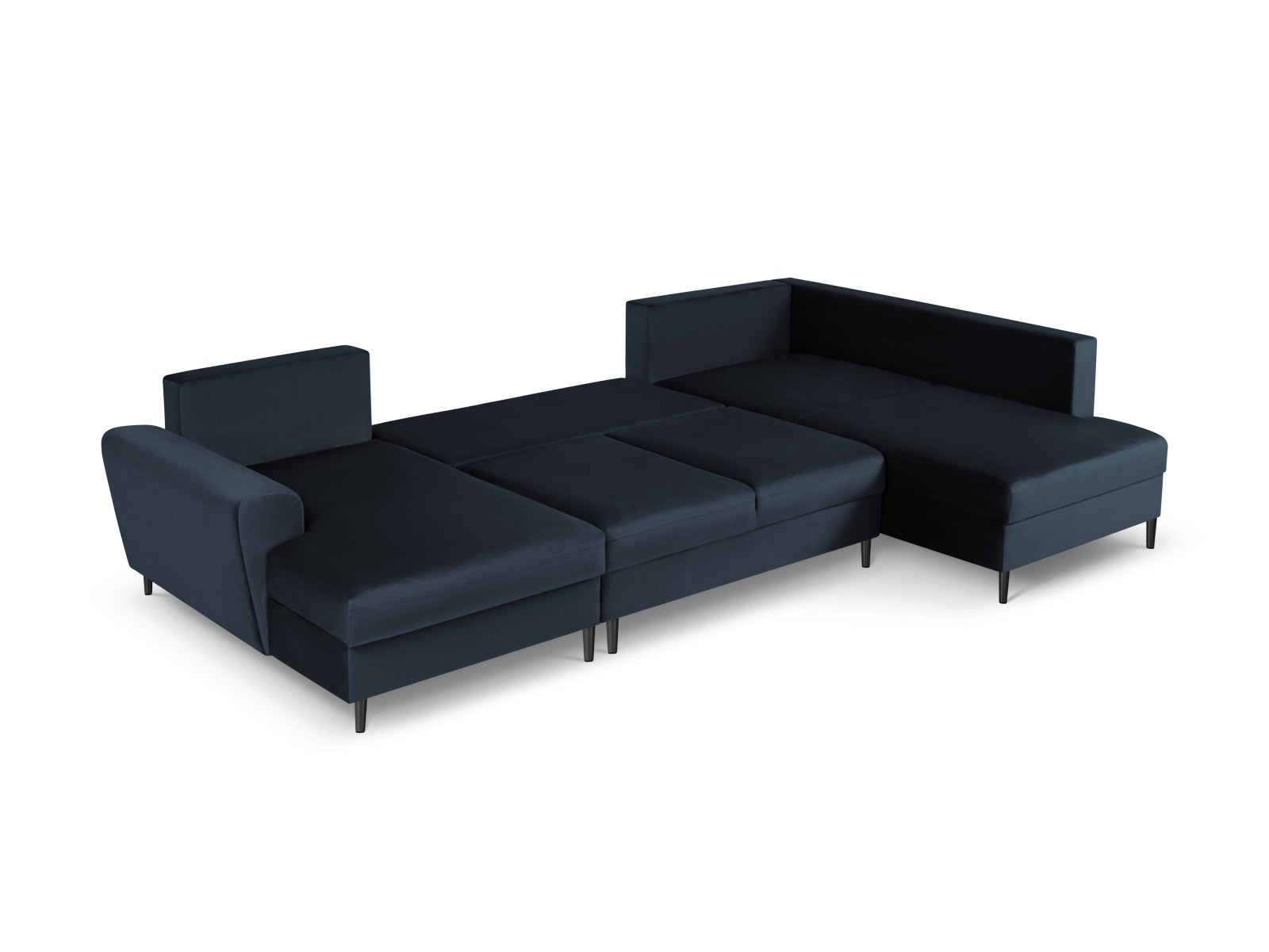 Stilvolles Kyoto Velour Panoramic Ecksofa rechts in edlem Blau, 7-Sitzer mit praktischem Stauraum und komfortabler Schlaffunktion für Gäste.