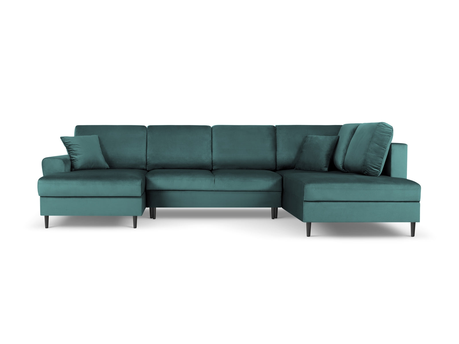 Elegantes Kyoto Velour Panoramic Ecksofa in Petrol-Riviera, 7-Sitzer mit Stauraum und Schlaffunktion, ideal für stilvolle Wohnräume.