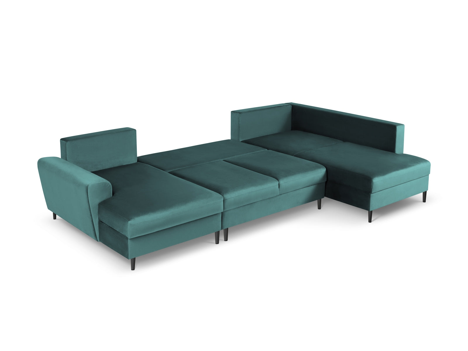 Modernes Kyoto Velour Panoramic Ecksofa in Petrol-Riviera, 7-Sitzer mit praktischem Stauraum und Schlaffunktion für gemütliche Abende.
