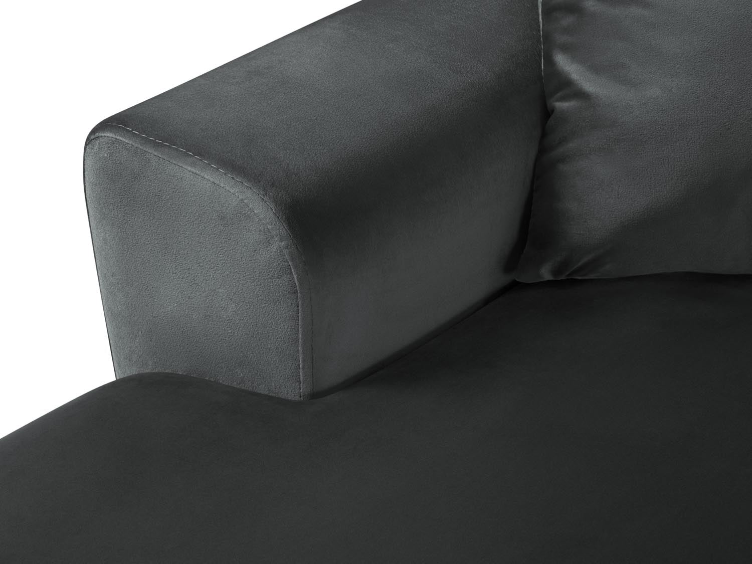 Stylisches Kyoto Velour Panoramic Ecksofa rechts in Dunkelgrau, 7 Sitzer mit cleverem Stauraum und bequemer Schlaffunktion für jeden Raum.