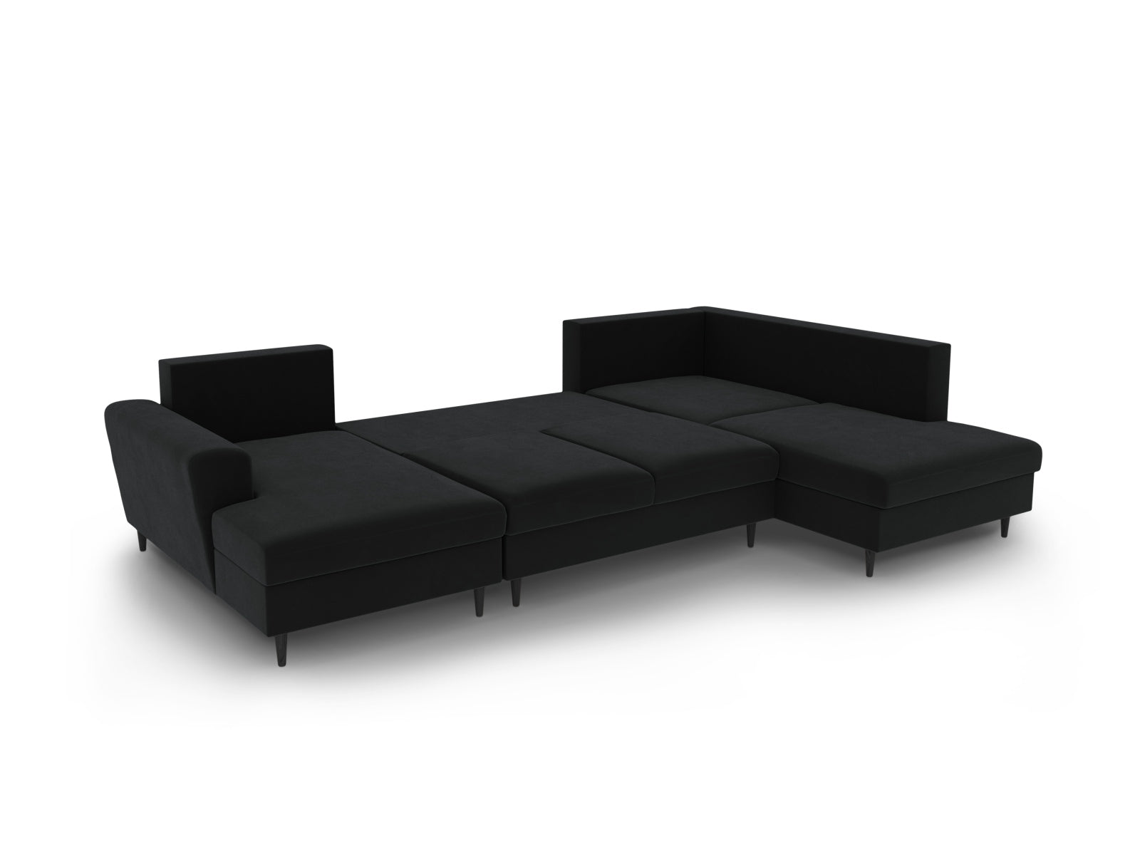 Elegantes Kyoto Velour Panoramic Sofa in Schwarz-Riviera, 7-Sitzer mit cleverem Stauraum und ausziehbarer Schlaffunktion für stilvolle Entspannung.