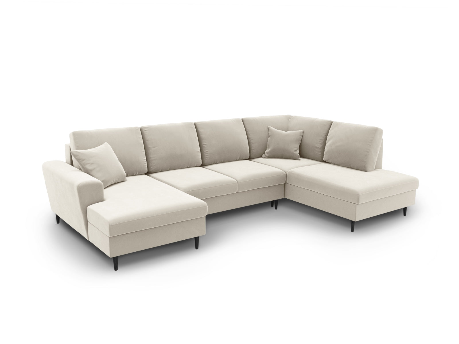 Modernes Kyoto Velour Panoramic Sofa in hellem Beige, 7-Sitzer mit praktischem Stauraum und Schlaffunktion, perfekt für gemütliche Abende.