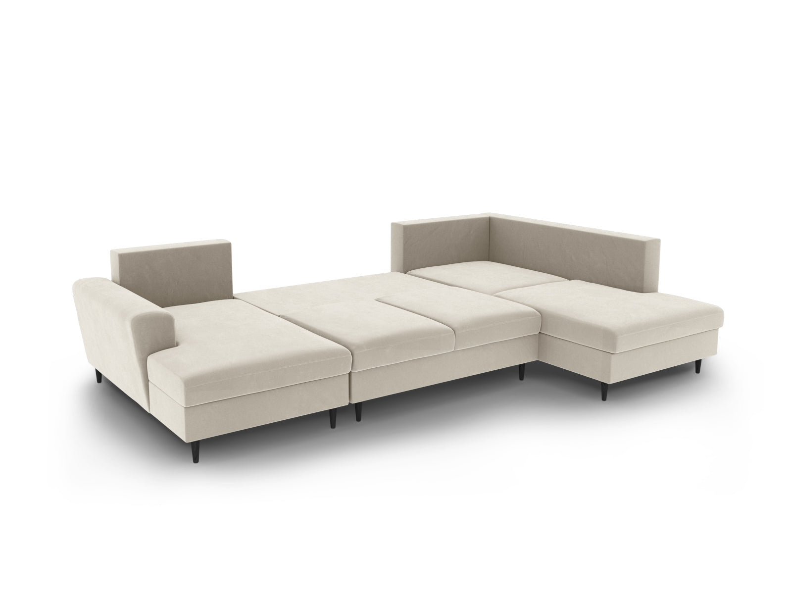 Elegantes Kyoto Velour Panoramic Sofa in sanftem Beige, 7-Sitzer mit cleverem Stauraum und ausziehbarer Schlaffunktion für entspannte Stunden.