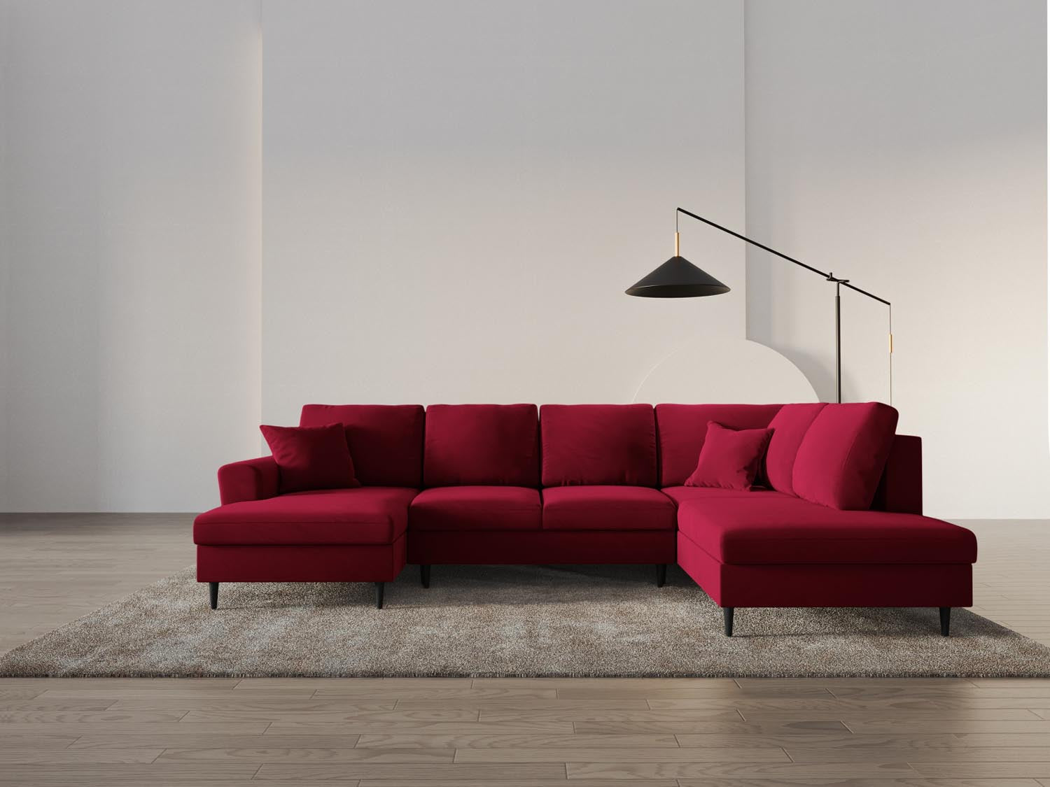 Elegantes Kyoto Velour Panoramic Sofa in Rot, 7-Sitzer mit Stauraum und Schlaffunktion, ideal für stilvolle Wohnräume.