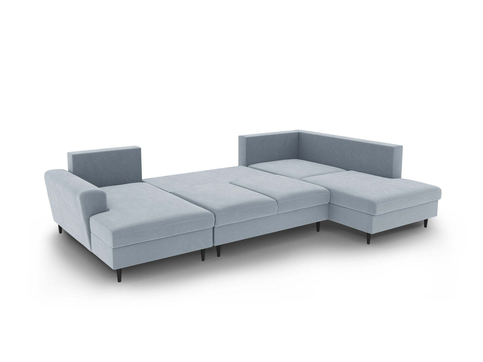 Elegantes Kyoto Velour Panoramic Sofa in zartem Hellblau, 7-Sitzer mit cleverem Stauraum und komfortabler Schlaffunktion für Übernachtungsgäste.