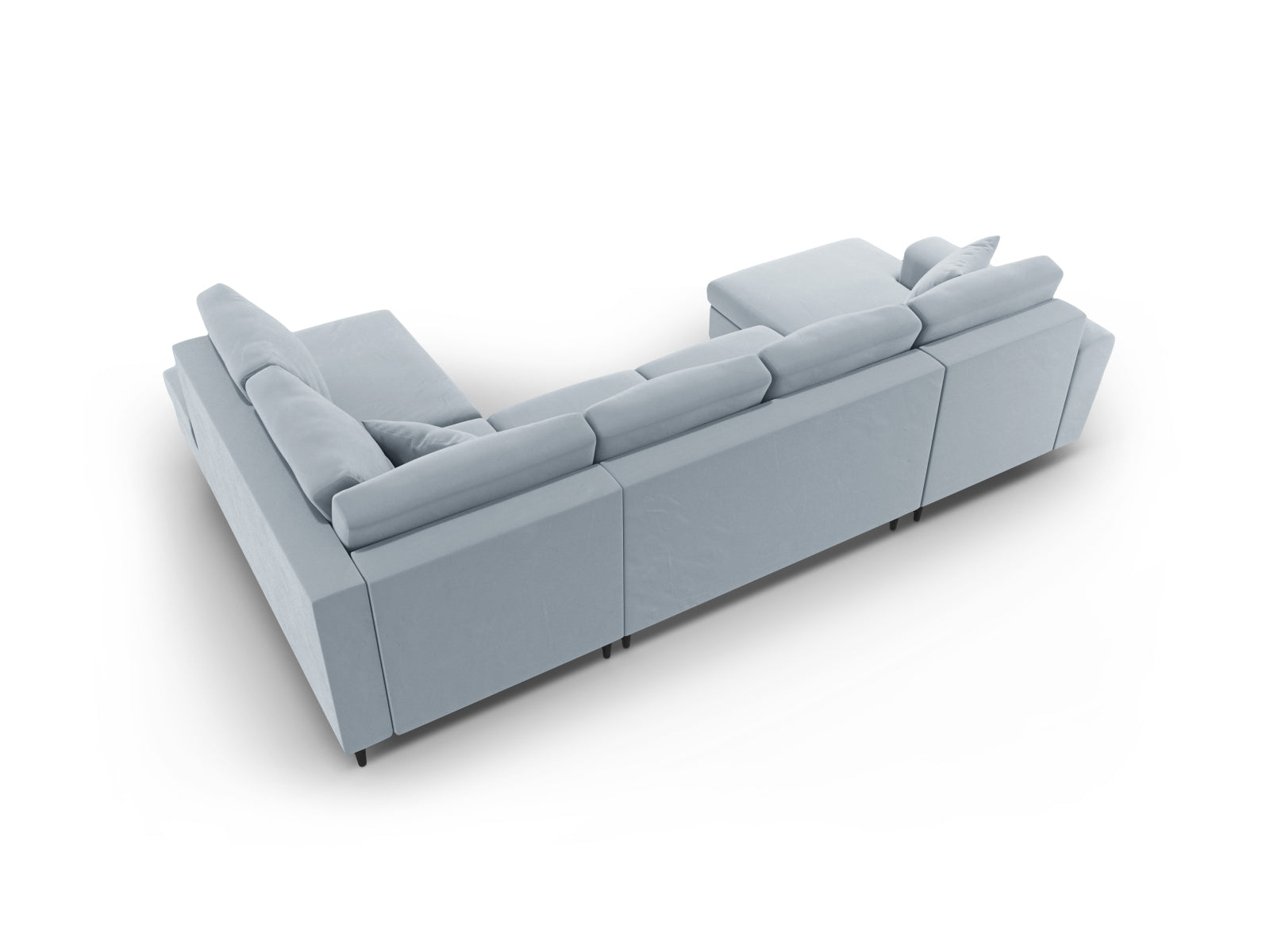 Stylisches Kyoto Velour Panoramic Sofa in sanftem Hellblau, 7-Sitzer mit praktischem Stauraum und umwandelbarer Schlaffunktion für Gäste.