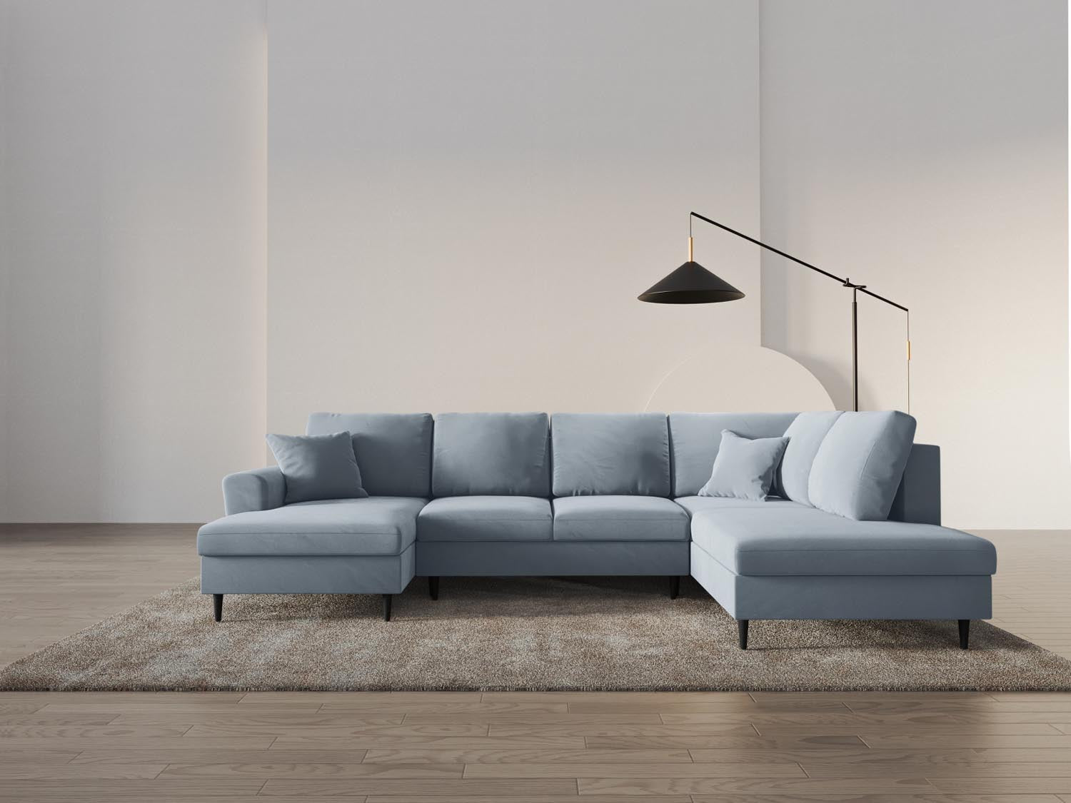 Entdecken Sie das stilvolle Kyoto Velour Panoramic Sofa in Light Blue – ein 7-Sitzer mit Stauraum und Schlaffunktion für Ihr modernes Zuhause.