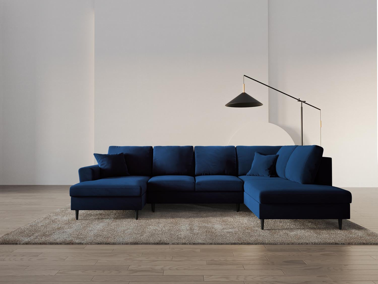 Elegantes Kyoto Velour Panoramic Sofa in Royal Blue-Riviera, 7-Sitzer mit Stauraum und Schlaffunktion, ideal für stilvolle Wohnräume.