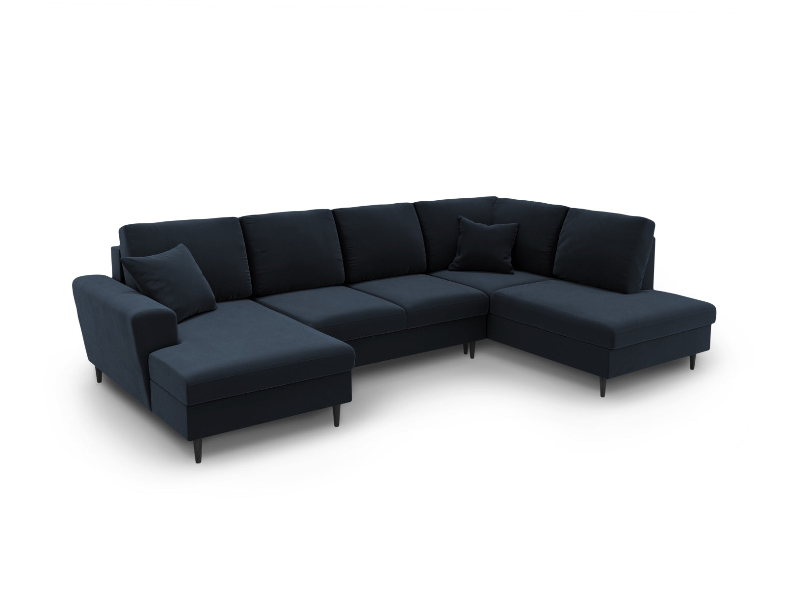 Modernes Kyoto Velour Panoramic Sofa in Dunkelblau, 7-Sitzer mit praktischen Stauraum und Schlaffunktion, perfekt für gemütliche Abende.