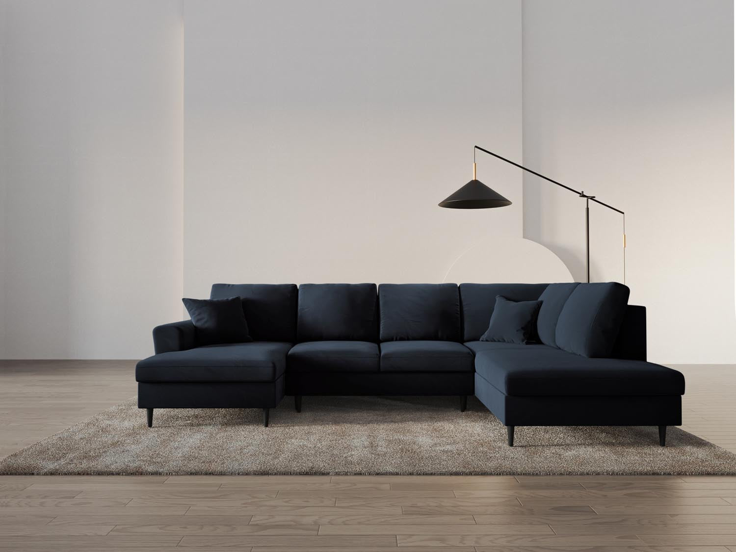 Elegantes Kyoto Velour Panoramic Sofa in Dunkelblau, 7-Sitzer mit Stauraum und Schlaffunktion, ideal für stilvolle Wohnräume.