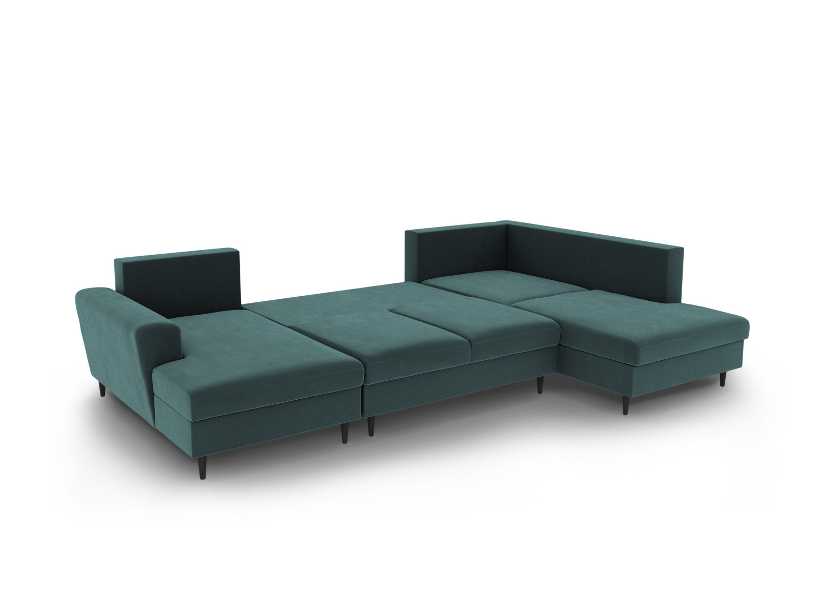 Elegantes Kyoto Velour Panoramic Sofa in Petrol-Riviera, 7-Sitzer mit cleverem Stauraum und ausziehbarer Schlaffunktion für entspannte Nächte.
