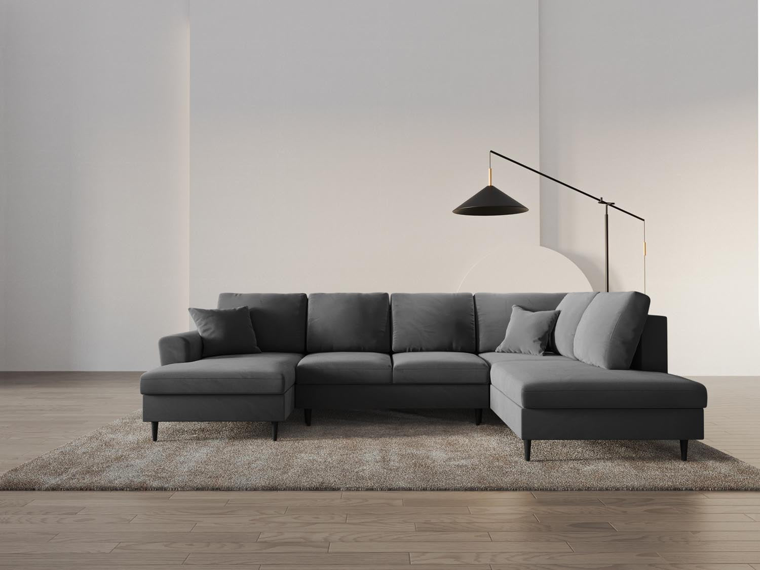Elegantes Kyoto Velour Panoramic Sofa in Hellgrau, 7-Sitzer mit Stauraum und Schlaffunktion, ideal für stilvolle Wohnräume.