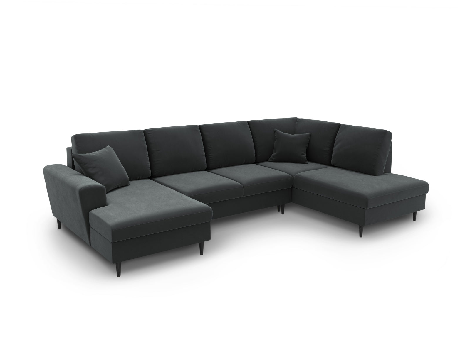 Modernes Kyoto Velour Panoramic Sofa in Dunkelgrau, 7-Sitzer mit praktischen Stauraum und Schlaffunktion, perfekt für gemütliche Abende.