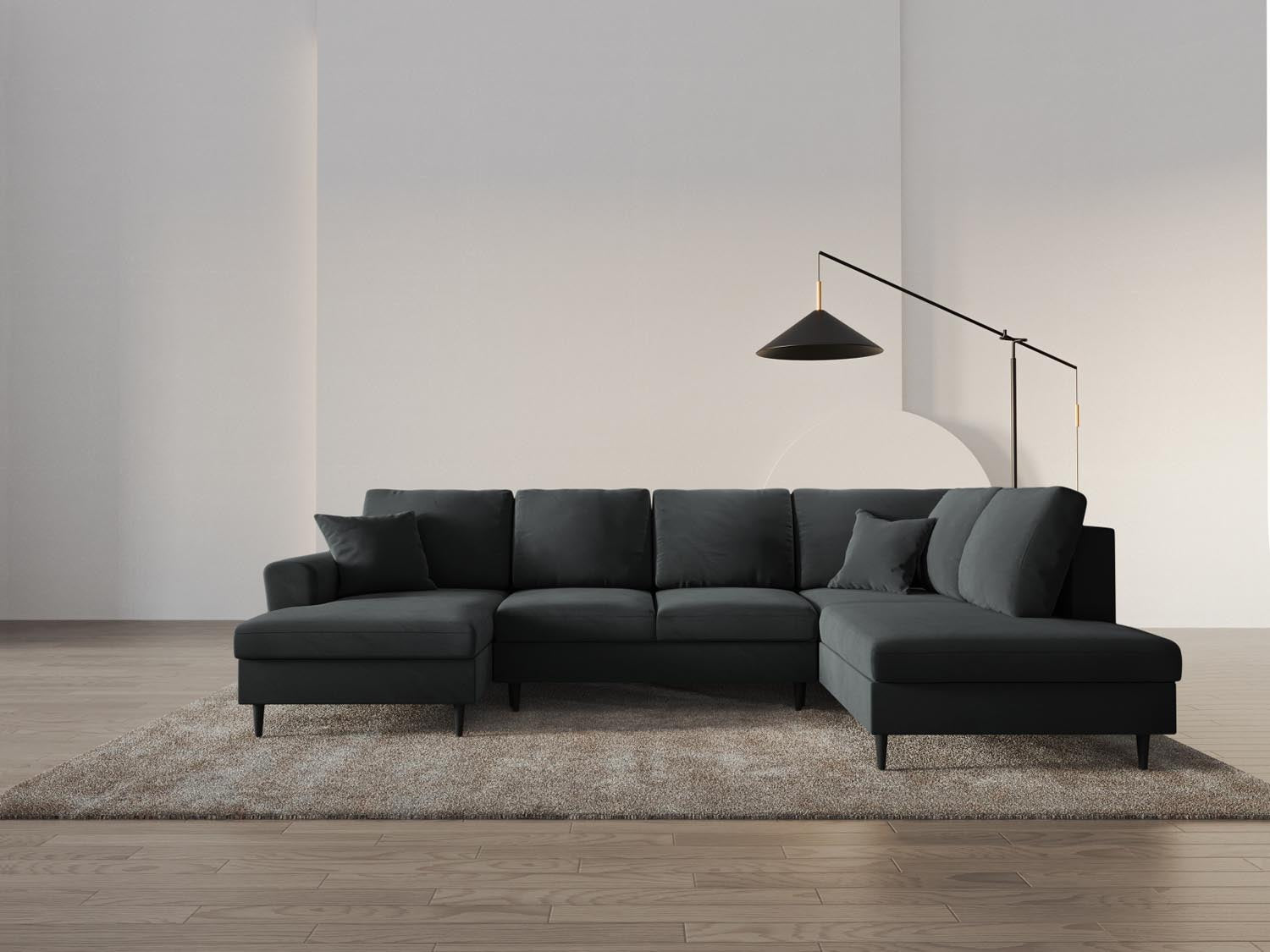 Entdecken Sie das stilvolle Kyoto Velour Panoramic Sofa in Dunkelgrau – ein 7-Sitzer mit Stauraum und Schlaffunktion für Ihr modernes Zuhause.