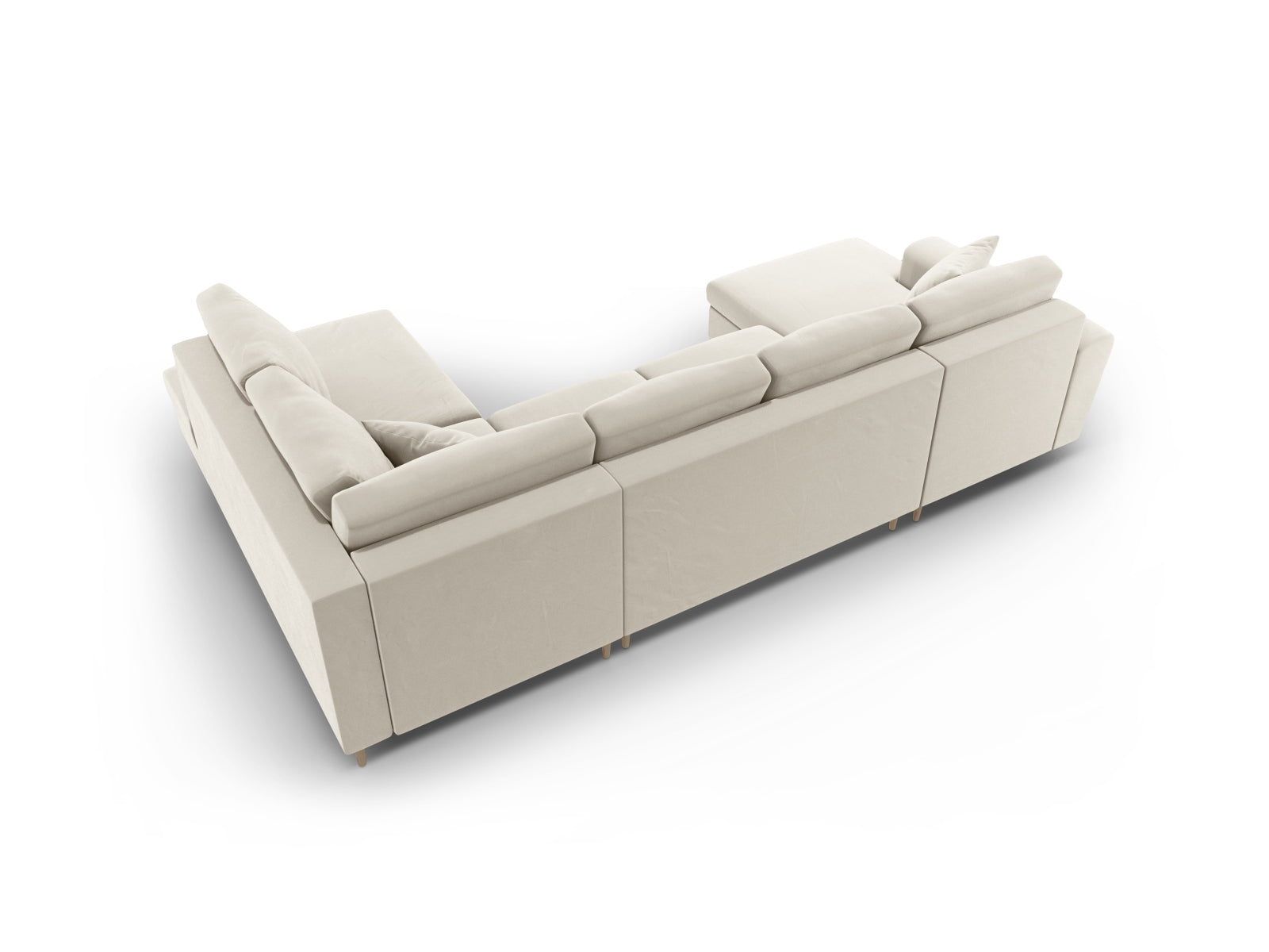 Elegantes Kyoto Velour Panoramic Sofa in sanftem Beige, 7-Sitzer mit cleverem Stauraum und gemütlicher Schlaffunktion für Übernachtungsgäste.