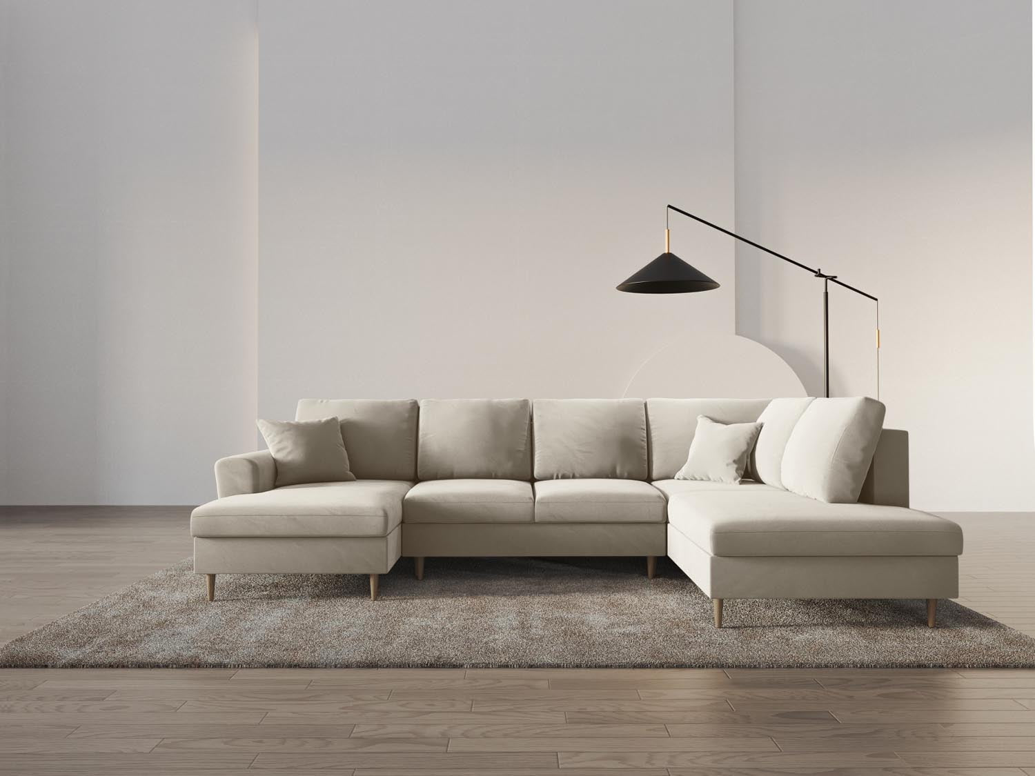 Entdecken Sie das elegante Kyoto Velour Panoramic Sofa in Light Beige – ein 7-Sitzer mit Stauraum und Schlaffunktion für höchsten Komfort.
