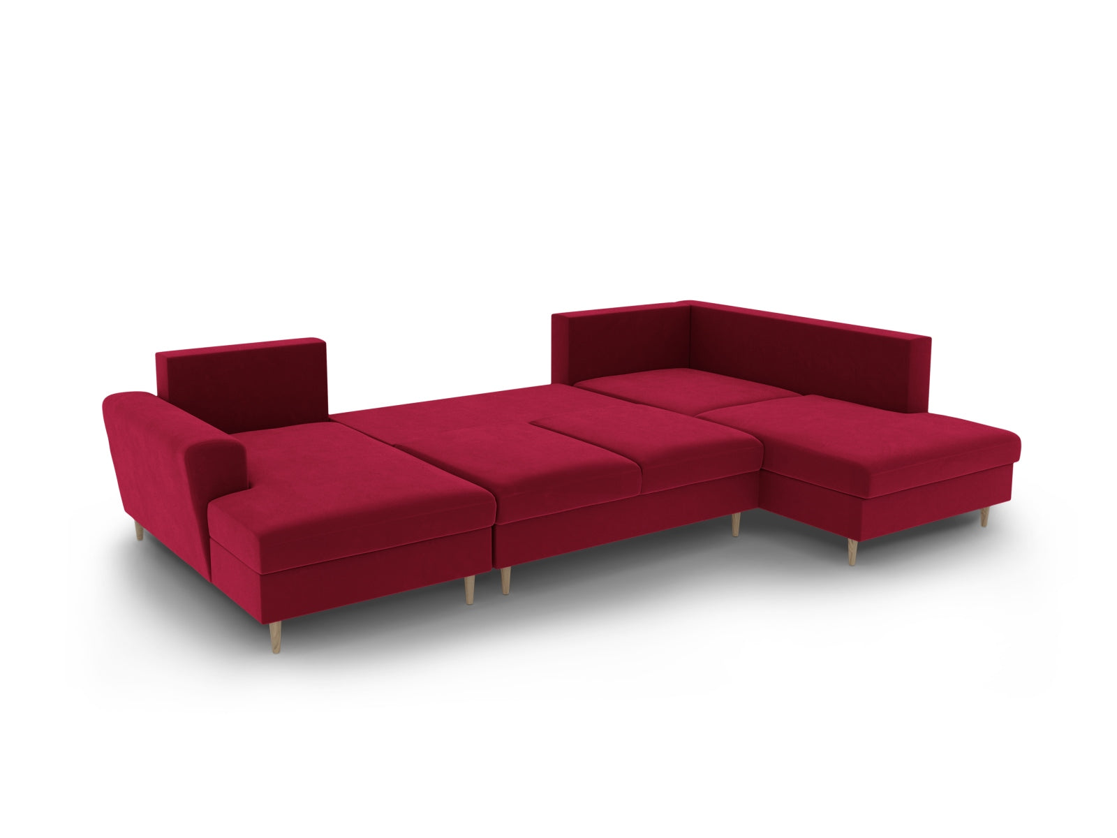 Stylisches Kyoto Velour Panoramic Sofa in Rot, 7-Sitzer mit praktischen Stauraum und Schlaffunktion, perfekt für moderne Wohnzimmer.