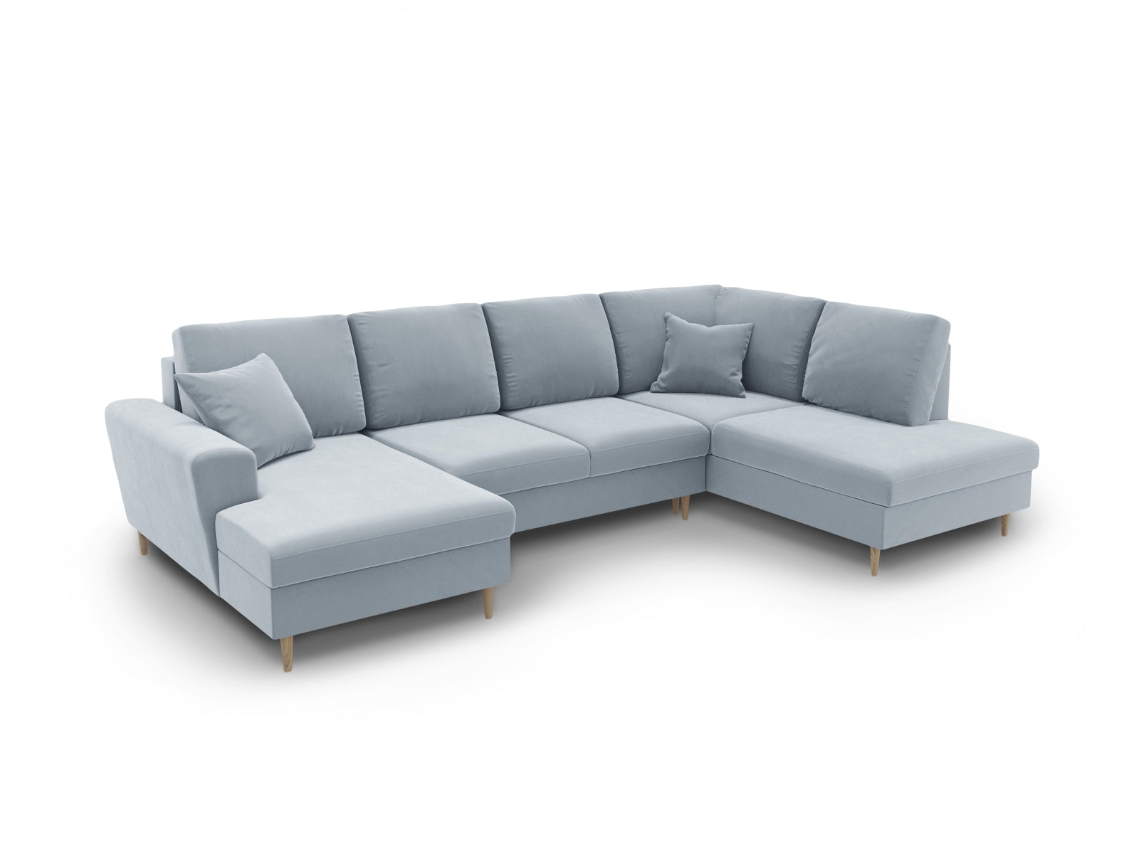 Elegantes 7-Sitzer Kyoto Velour Panoramic Sofa in zartem Hellblau, ideal für Wohnräume, mit Stauraum und Schlaffunktion für Gäste.
