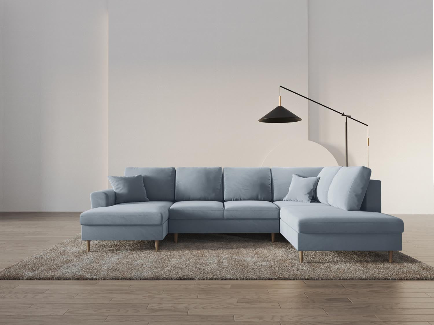 Entdecken Sie das stilvolle Kyoto Velour Panoramic Sofa in Light Blue – ein 7-Sitzer mit Stauraum und Schlaffunktion für Ihr modernes Zuhause.