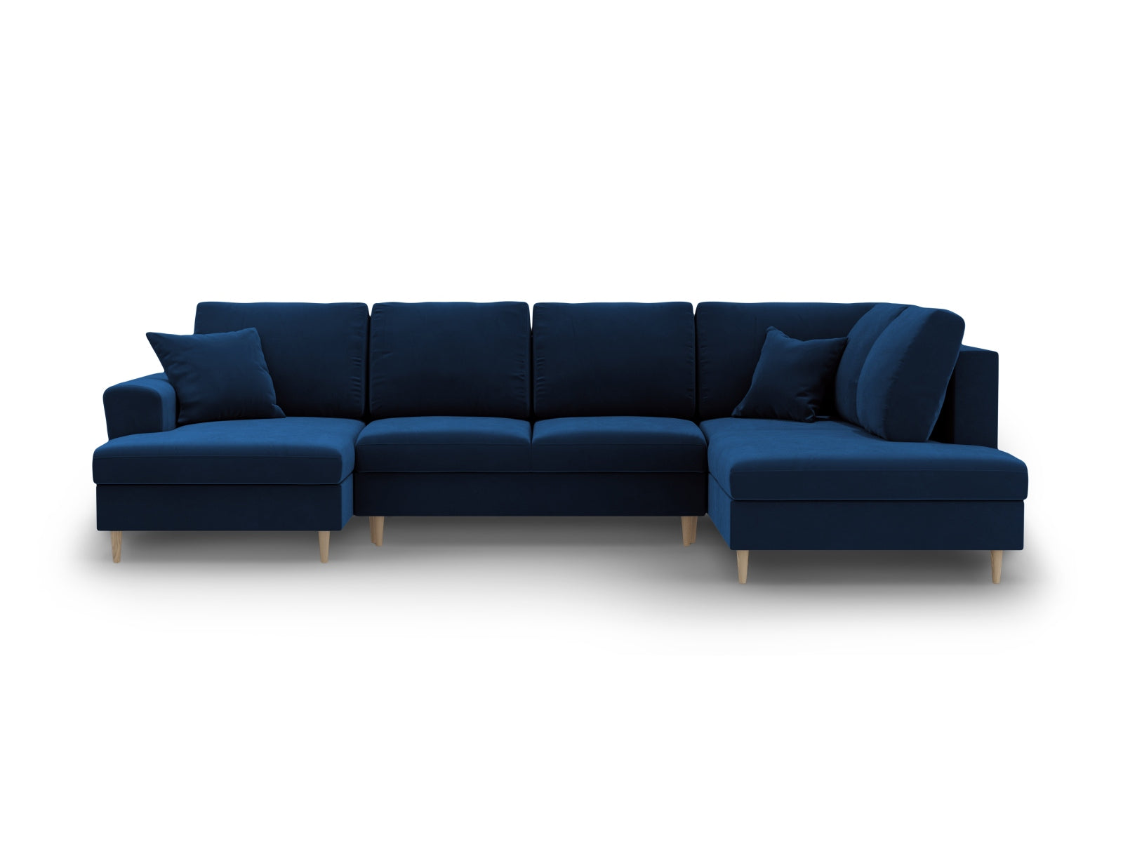 Elegantes Kyoto Velour Panoramic Sofa in Royal Blue-Riviera, 7-Sitzer mit integriertem Stauraum und komfortabler Schlaffunktion für Übernachtungsgäste.