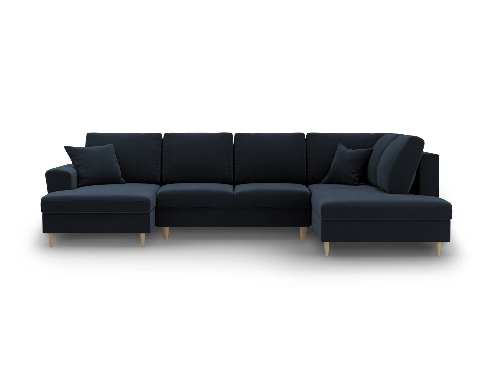Elegantes Kyoto Velour Panoramic Sofa in Dunkelblau, 7-Sitzer mit cleverem Stauraum und vielseitiger Schlaffunktion für gemütliche Abende.