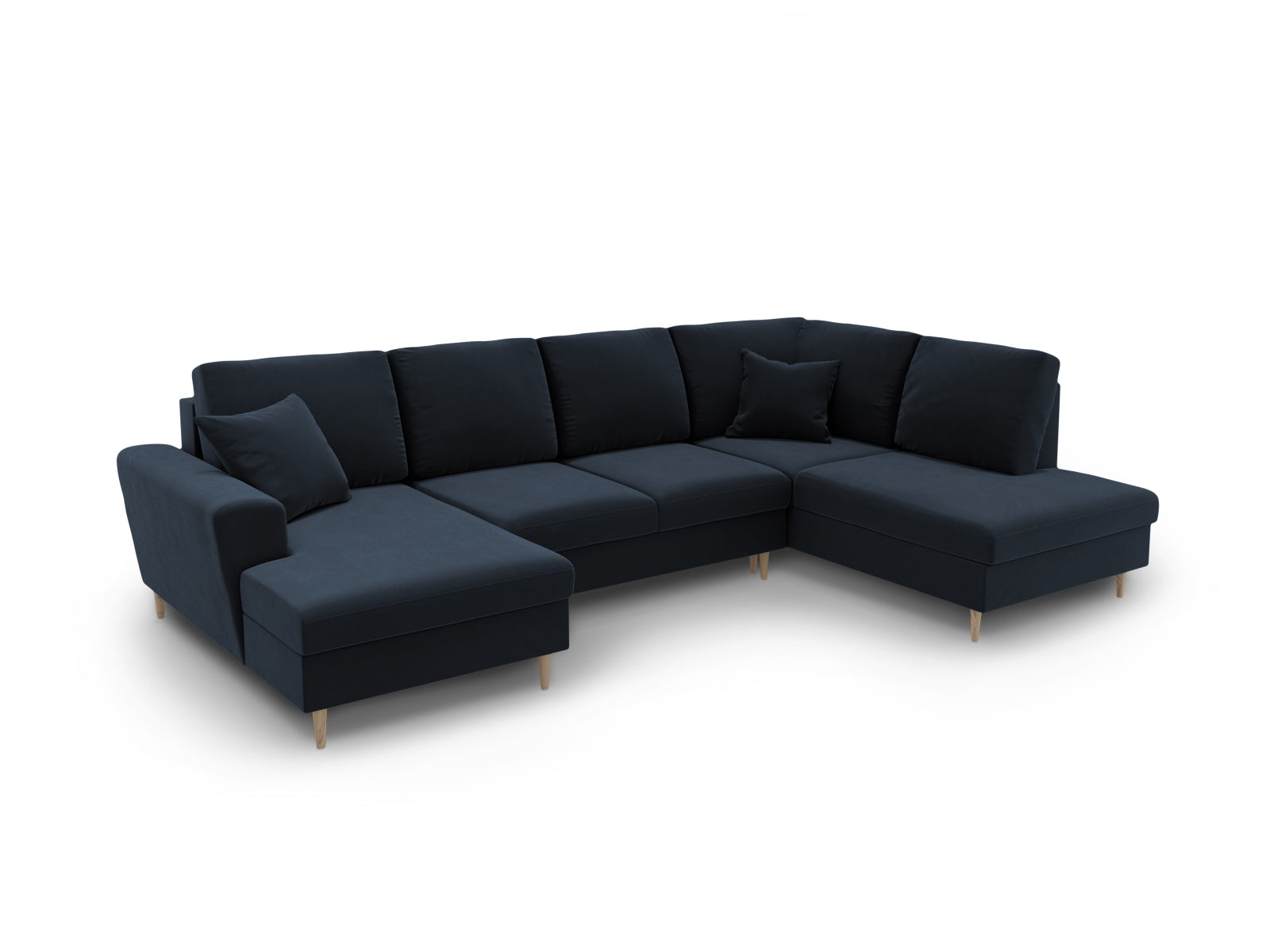 Elegantes Kyoto Velour Panoramic Sofa in Dunkelblau, 7-Sitzer mit cleverem Stauraum und flexibler Schlaffunktion für gemütliche Abende.