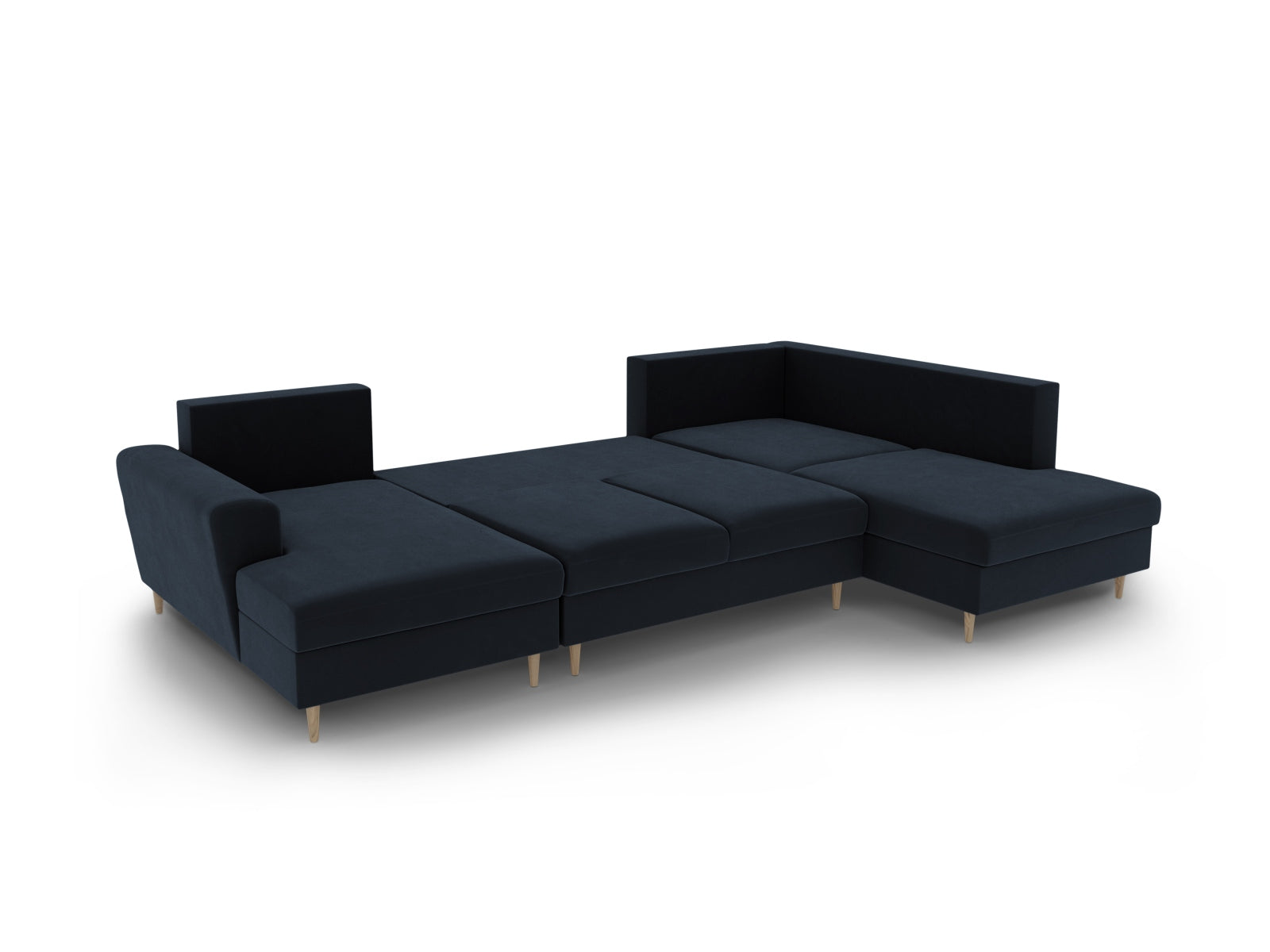 Stilvolles Kyoto Velour Panoramic Sofa in Dunkelblau, 7-Sitzer mit praktischem Stauraum und umwandelbarer Schlaffunktion für entspannte Nächte.