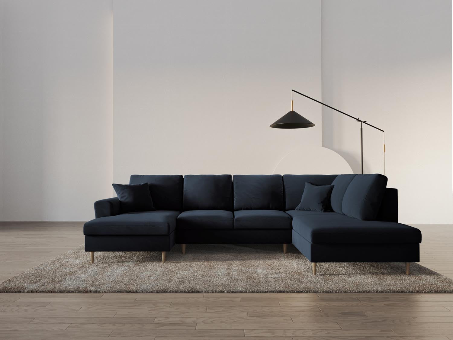 Stilvolles Kyoto Velour Panoramic Sofa in Dunkelblau, 7-Sitzer mit praktischem Stauraum und umwandelbarer Schlaffunktion für entspannte Momente.