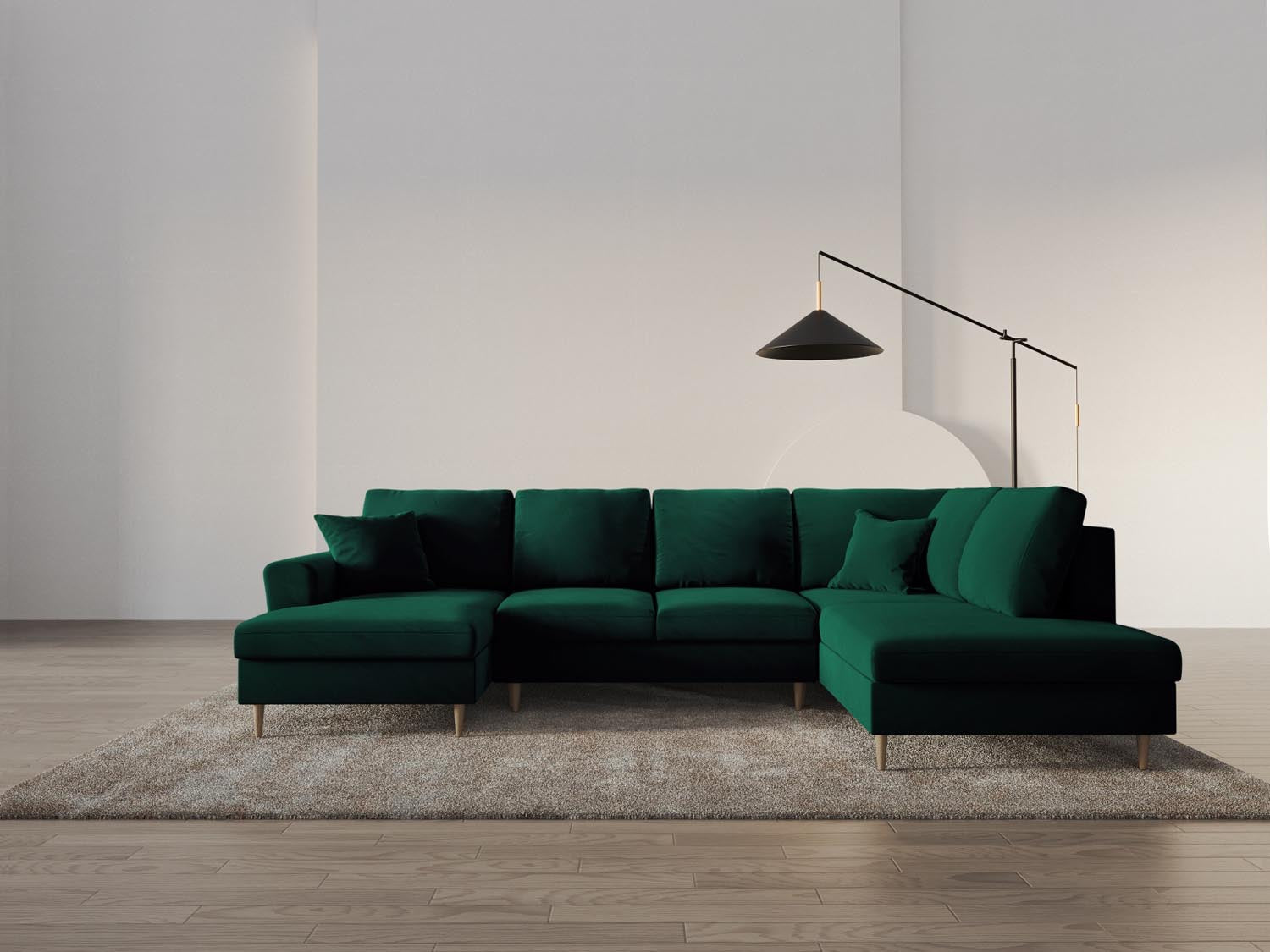 Stilvolles Kyoto Velour Panoramic Sofa in edlem Flaschengrün, 7-Sitzer mit praktischem Stauraum und komfortabler Schlafoption für Gäste.