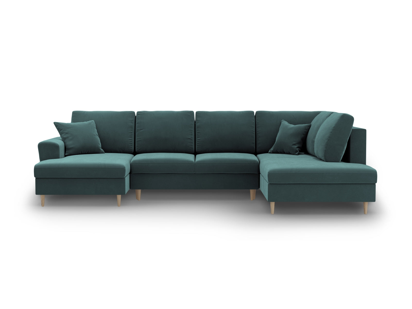 Elegantes Kyoto Velour Panoramic Sofa in Petrol-Riviera, 7-Sitzer mit cleverem Stauraum und gemütlicher Schlaffunktion für entspannte Übernachtungen.