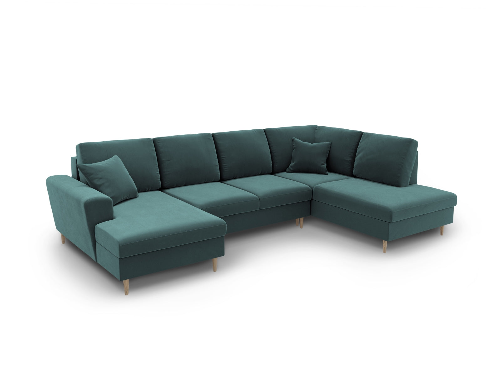 Elegantes Kyoto Velour Panoramic Sofa in Petrol-Riviera, 7-Sitzer mit cleverem Stauraum und gemütlicher Schlaffunktion für entspannte Nächte.