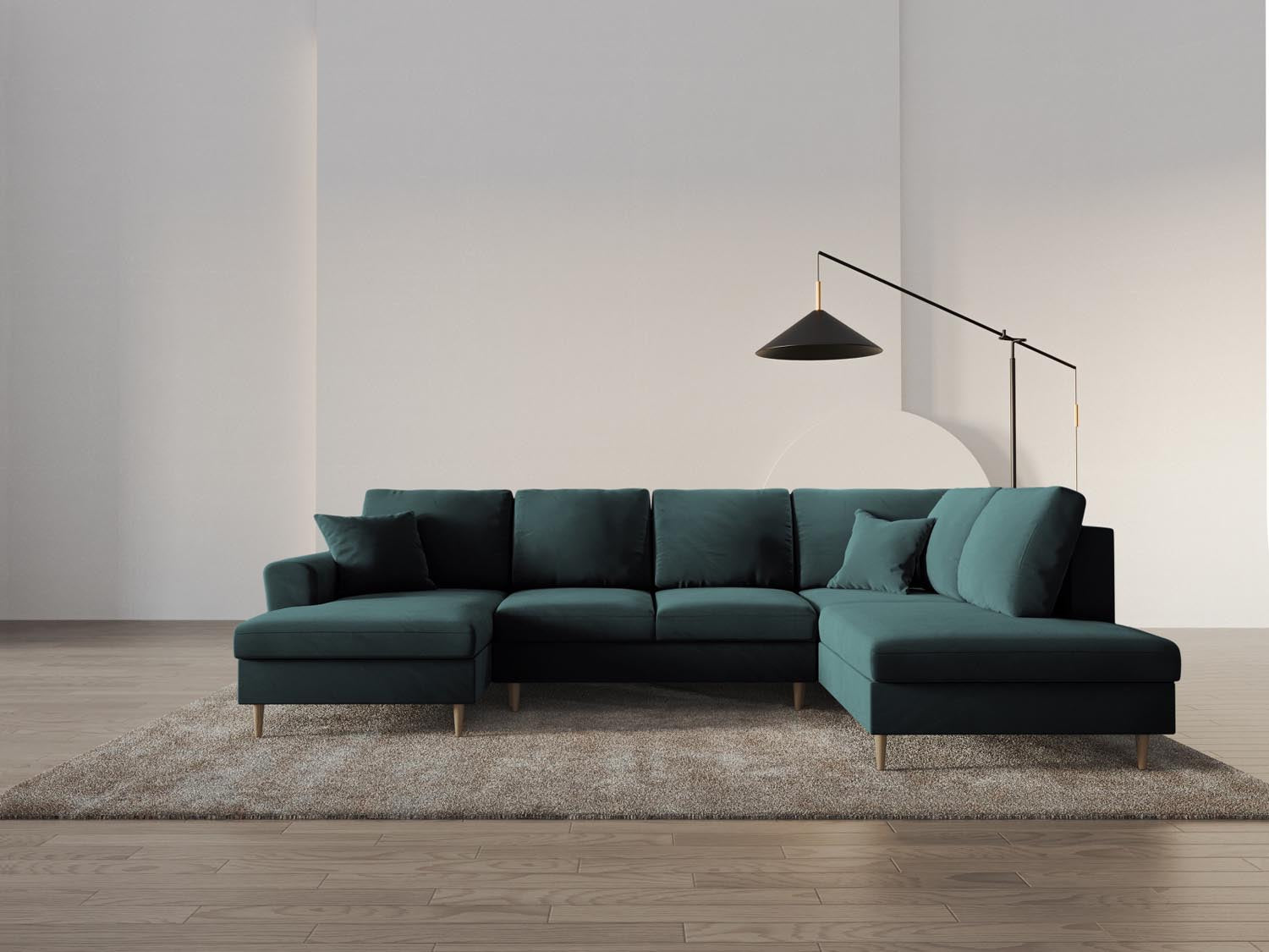 Stylisches Kyoto Velour Panoramic Sofa in Petrol-Riviera, 7-Sitzer mit praktischem Stauraum und komfortabler Schlaffunktion für Gäste.