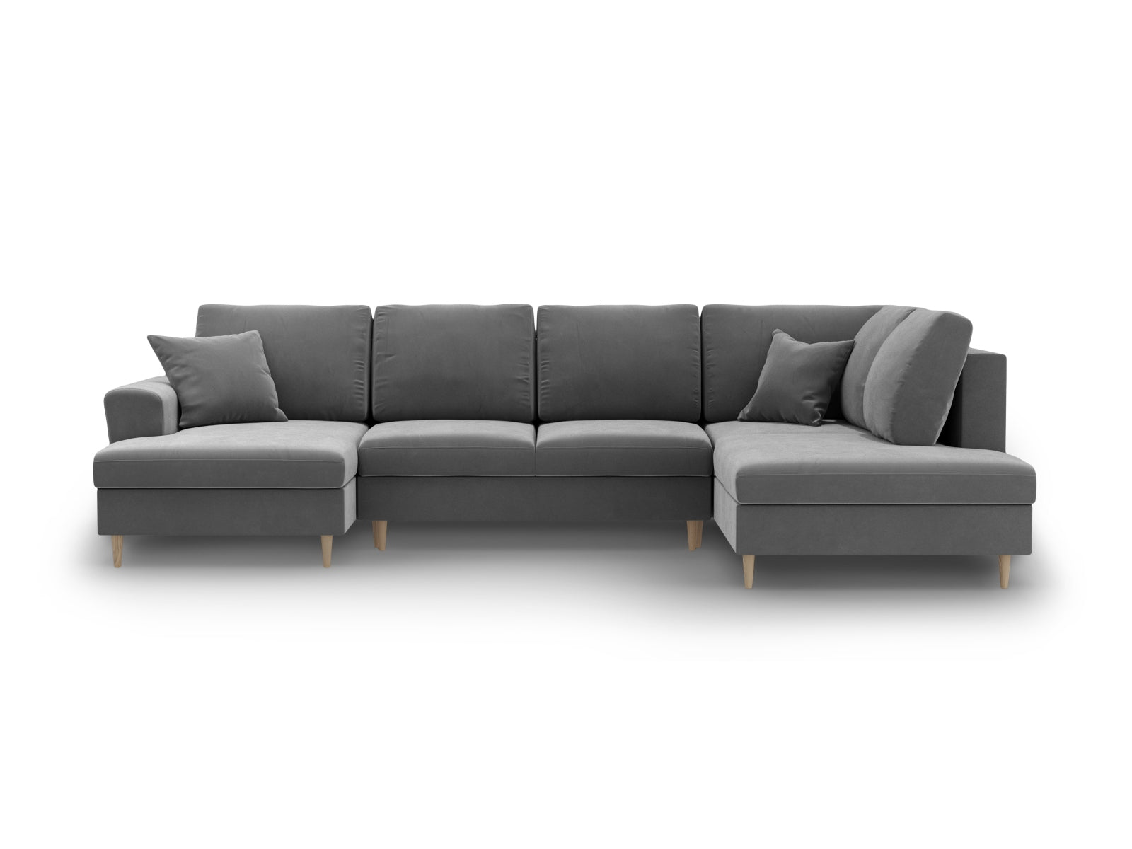 Elegantes Kyoto Velour Panoramic Sofa in dezentem Grau, 7-Sitzer mit cleverem Stauraum und komfortabler Schlaffunktion für Übernachtungsgäste.