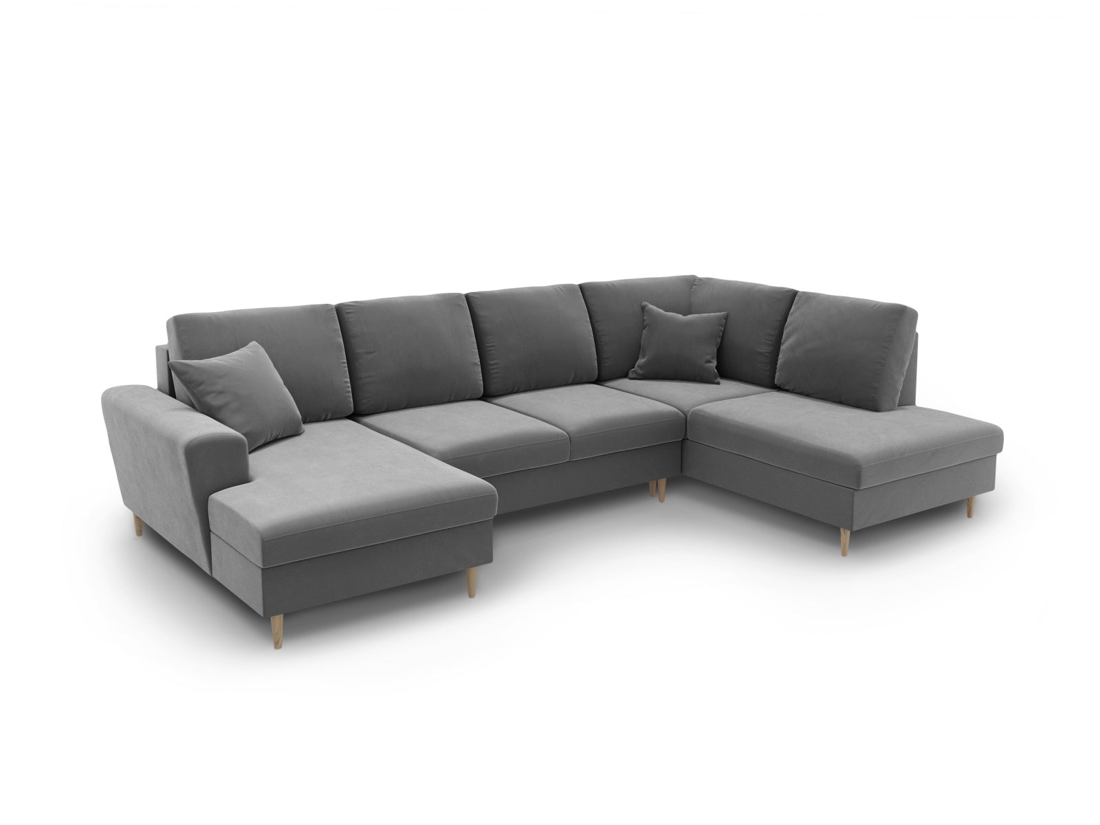 Elegantes Kyoto Velour Panoramic Sofa in dezentem Grau, 7-Sitzer mit cleverem Stauraum und komfortabler Schlaffunktion für entspannte Nächte.