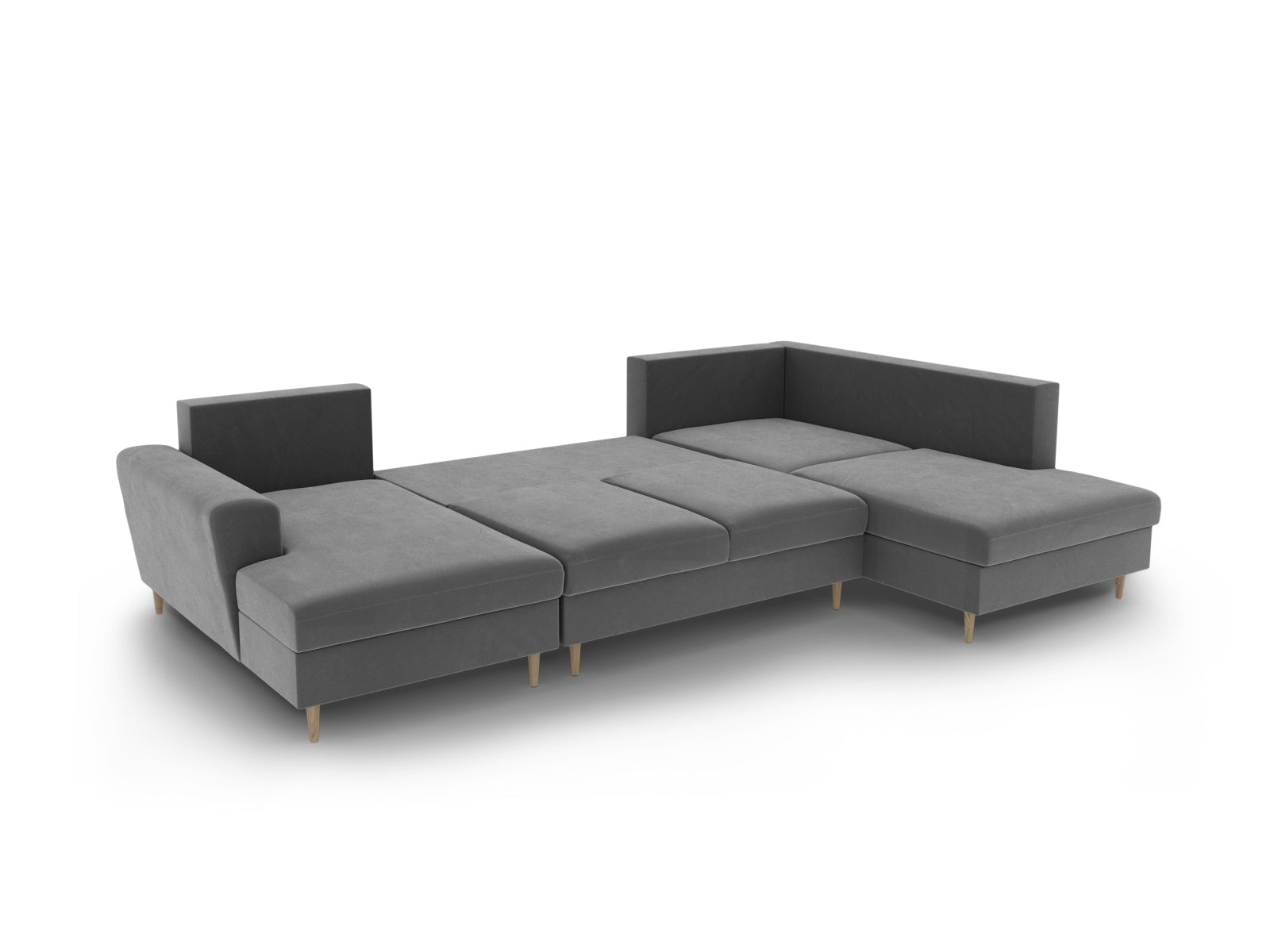 Stylisches Kyoto Velour Panoramic Sofa in sanftem Grau, 7-Sitzer mit praktischem Stauraum und vielseitiger Schlaffunktion für Gäste.