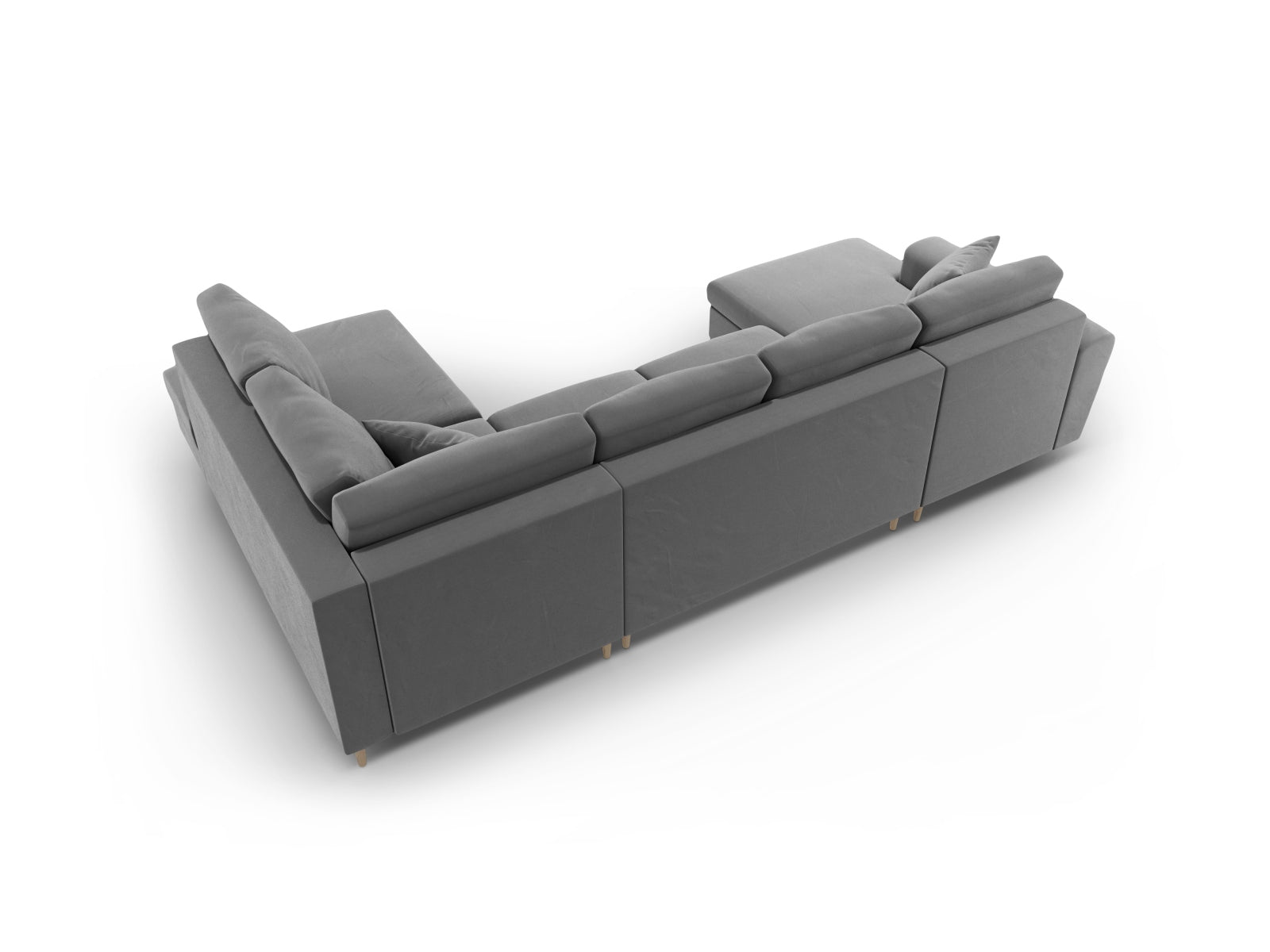 Elegantes Kyoto Velour Panoramic Sofa in hellem Grau, 7-Sitzer mit cleverem Stauraum und komfortabler Schlaffunktion für Übernachtungsgäste.