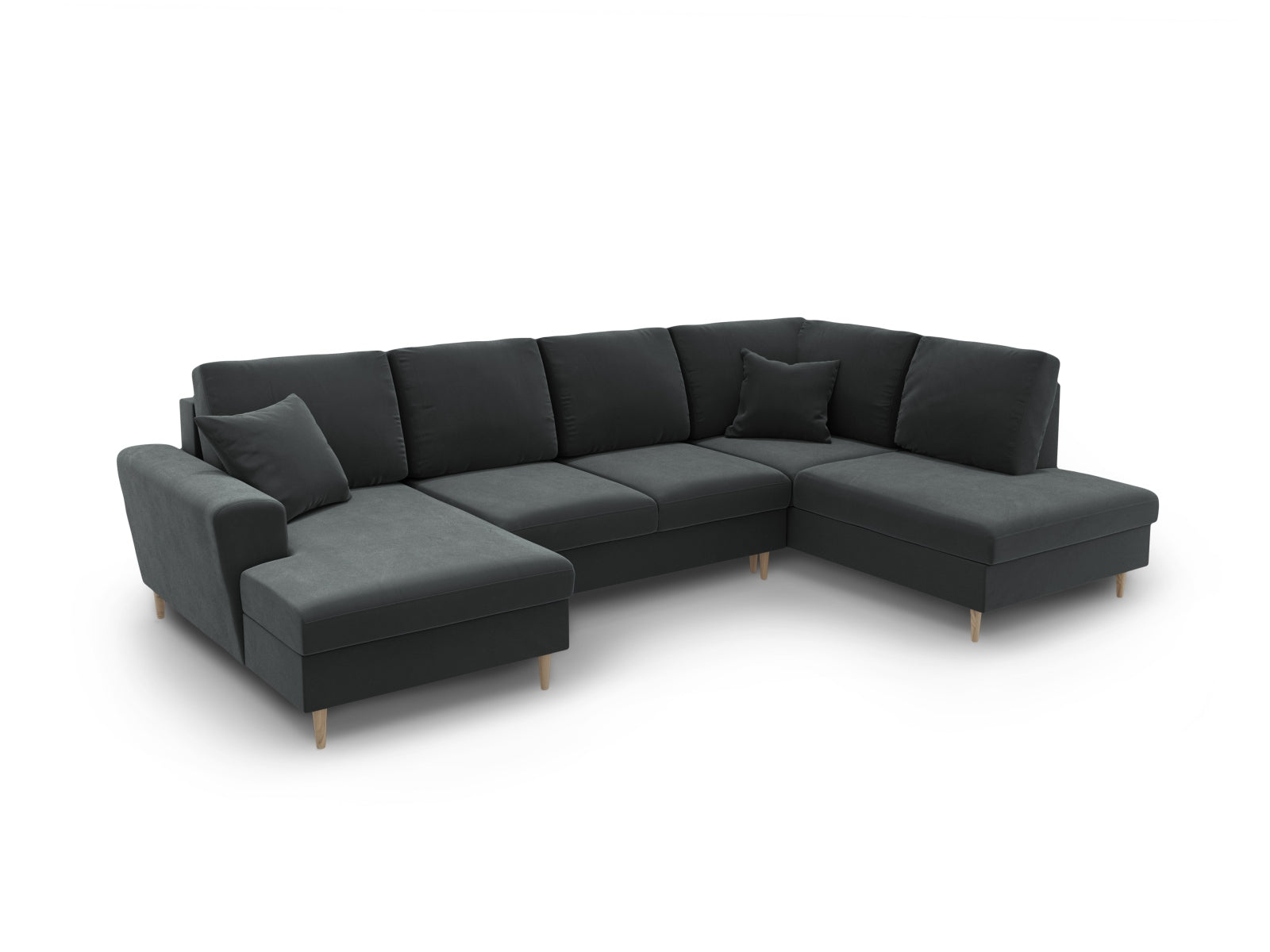 Elegantes Kyoto Velour Panoramic Sofa in Dunkelgrau, 7-Sitzer mit Stauraum und Schlaffunktion für vielseitige Nutzung und Komfort.
