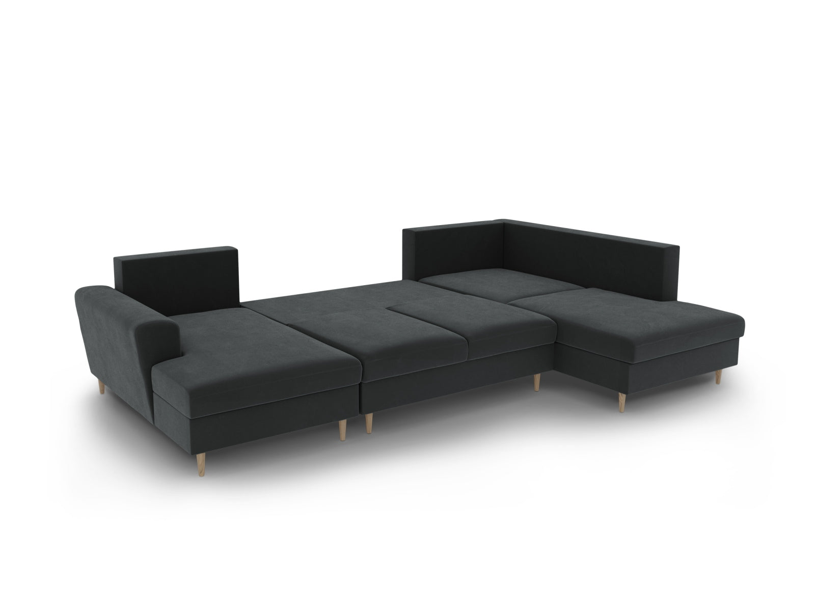 Stylisches Kyoto Velour Panoramic Sofa in Dunkelgrau, 7-Sitzer mit praktischen Stauraum und Schlaffunktion für modernes Wohnen.