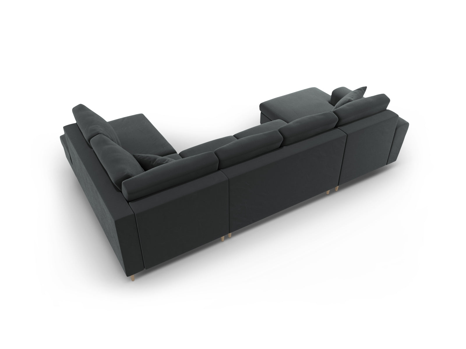 Elegantes Kyoto Velour Panoramic Sofa in Dunkelgrau, 7-Sitzer mit cleverem Stauraum und ausziehbarer Schlaffunktion für vielseitige Wohnräume.