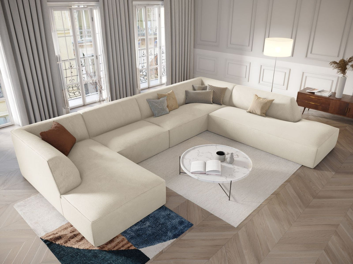 Siena Panorama-Ecksofa rechts von Cosmopolitan Design in Light Beige-Scala Cordstoff, Holzrahmen, schwarze Kunststoffbeine, 7-Sitzer, 366 x 273 cm.