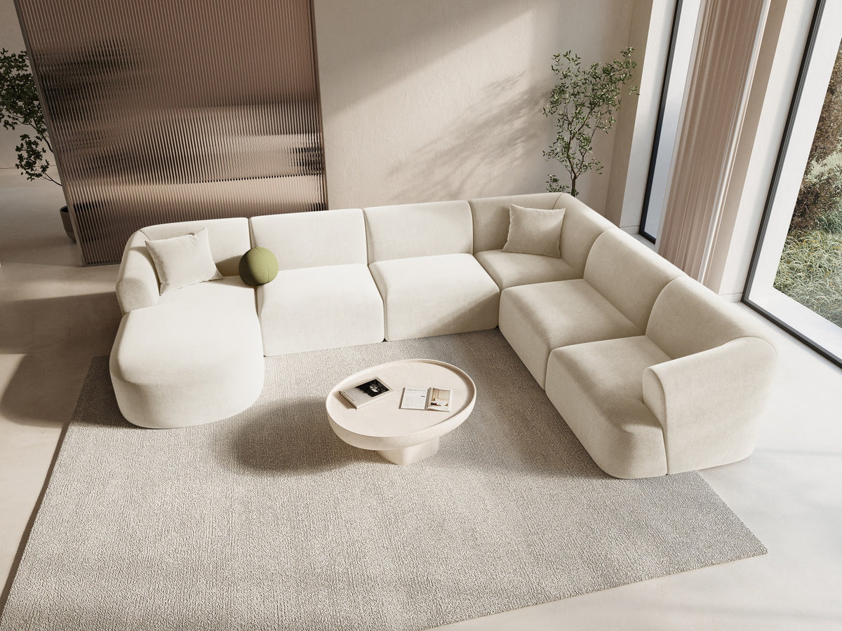 Modulares Ecksofa Campi mit Récamière rechts, Stoffbezug und schwarzen Beinen